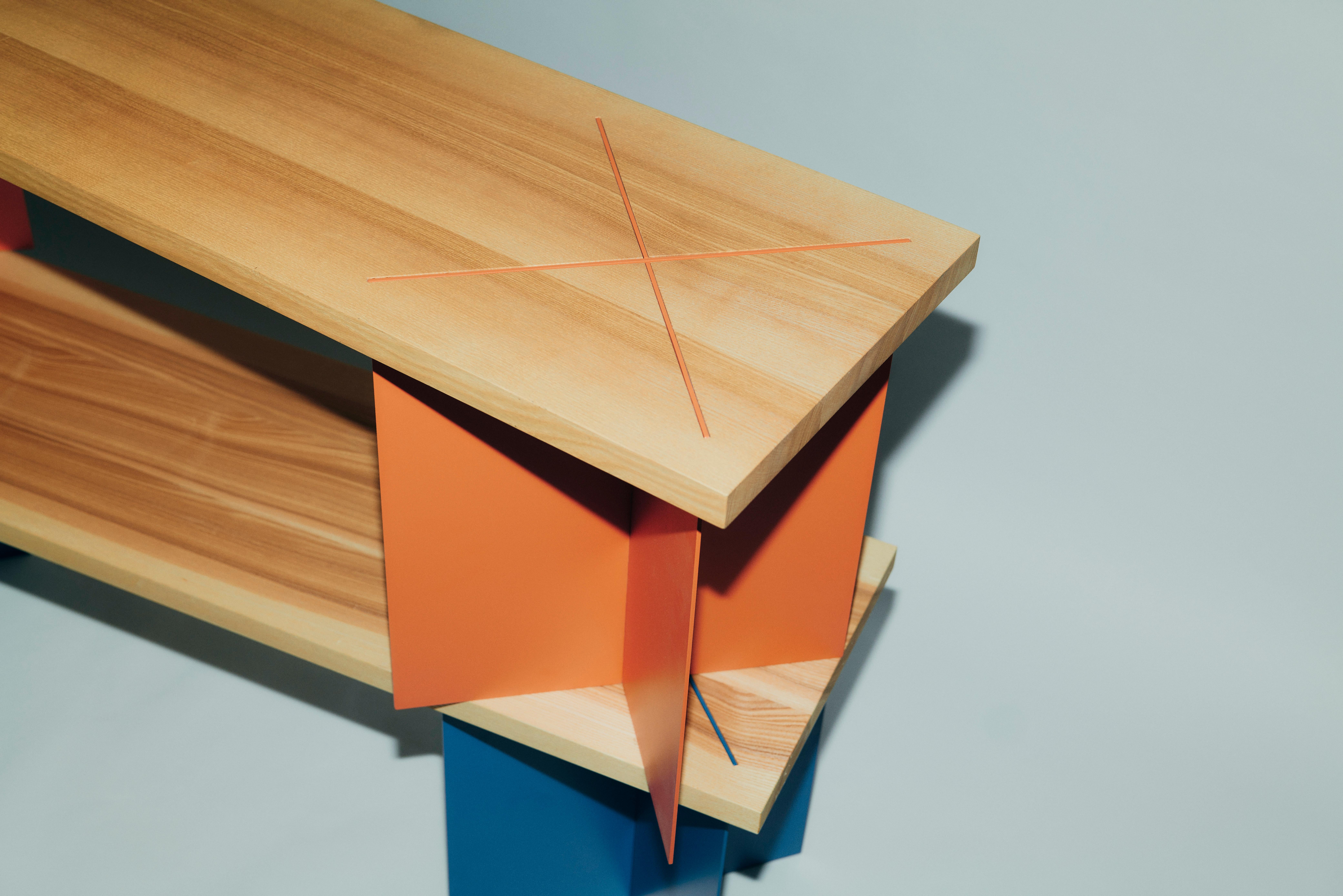 Banc Ohus en Wood Wood et Ands Steele bleu brillant for Heilig Objects en vente 1