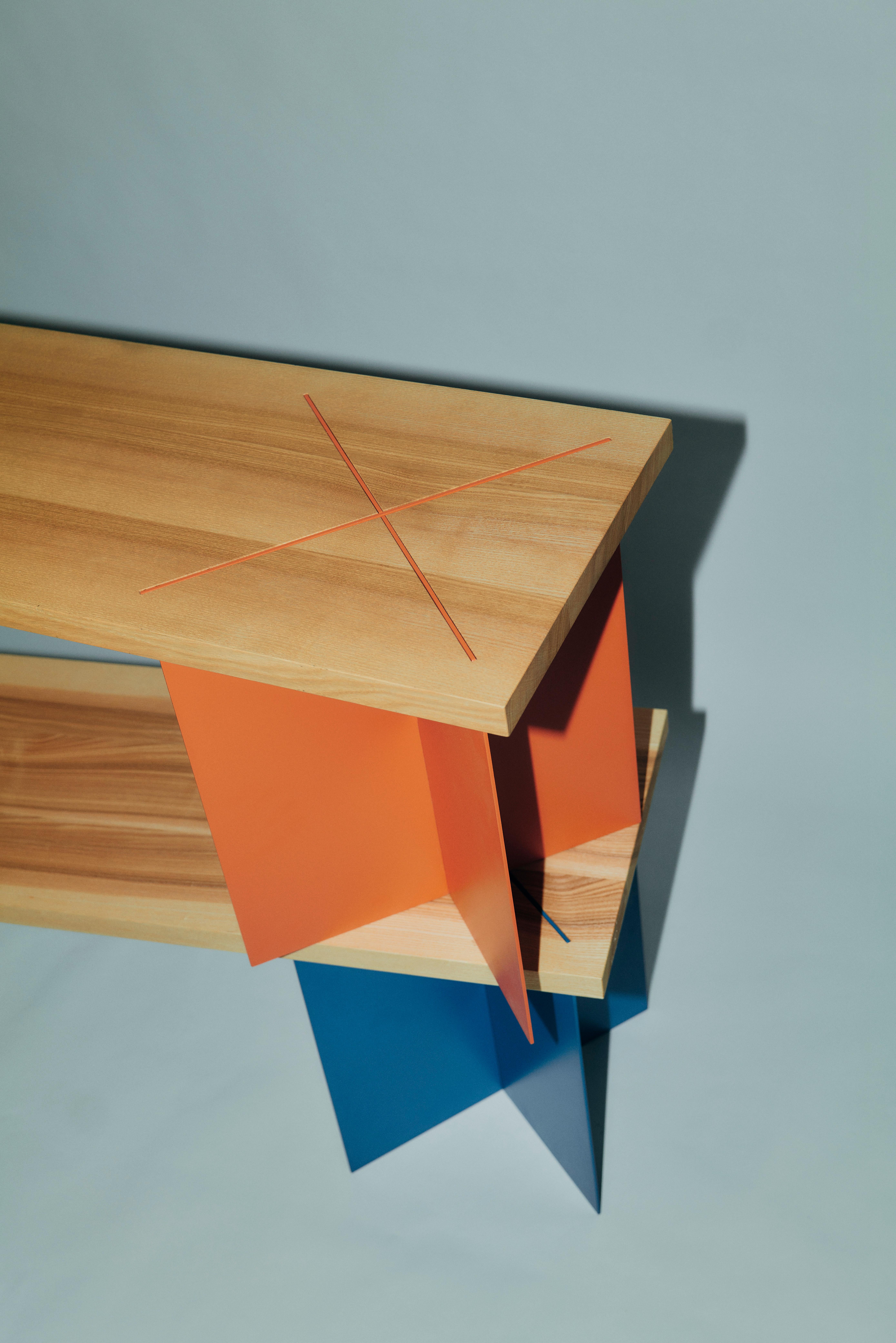 Banc Ohus en Wood Wood et Ands Steele bleu brillant for Heilig Objects en vente 2