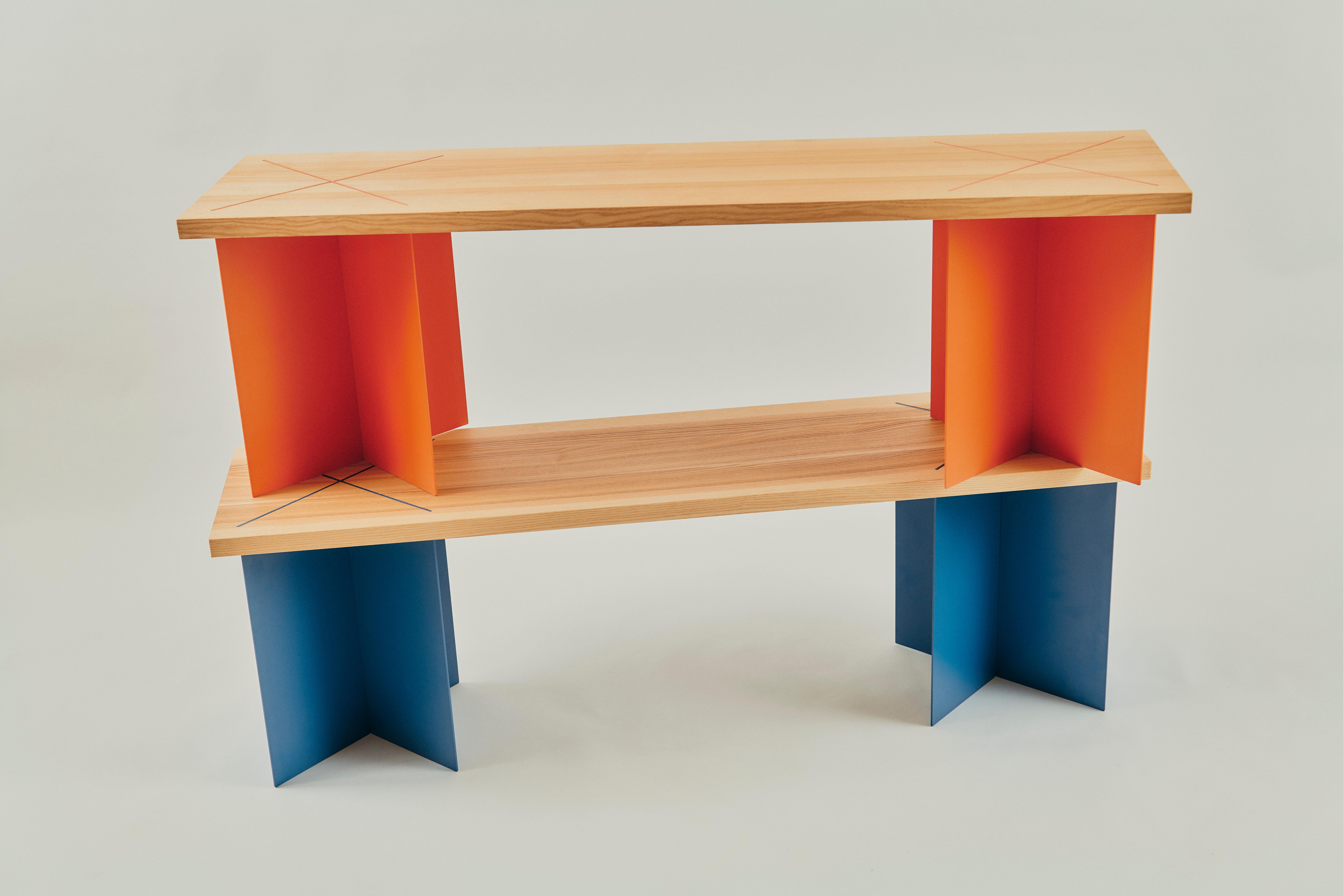XXIe siècle et contemporain Banc Ohus en Wood Wood et Ands Steele bleu brillant for Heilig Objects en vente
