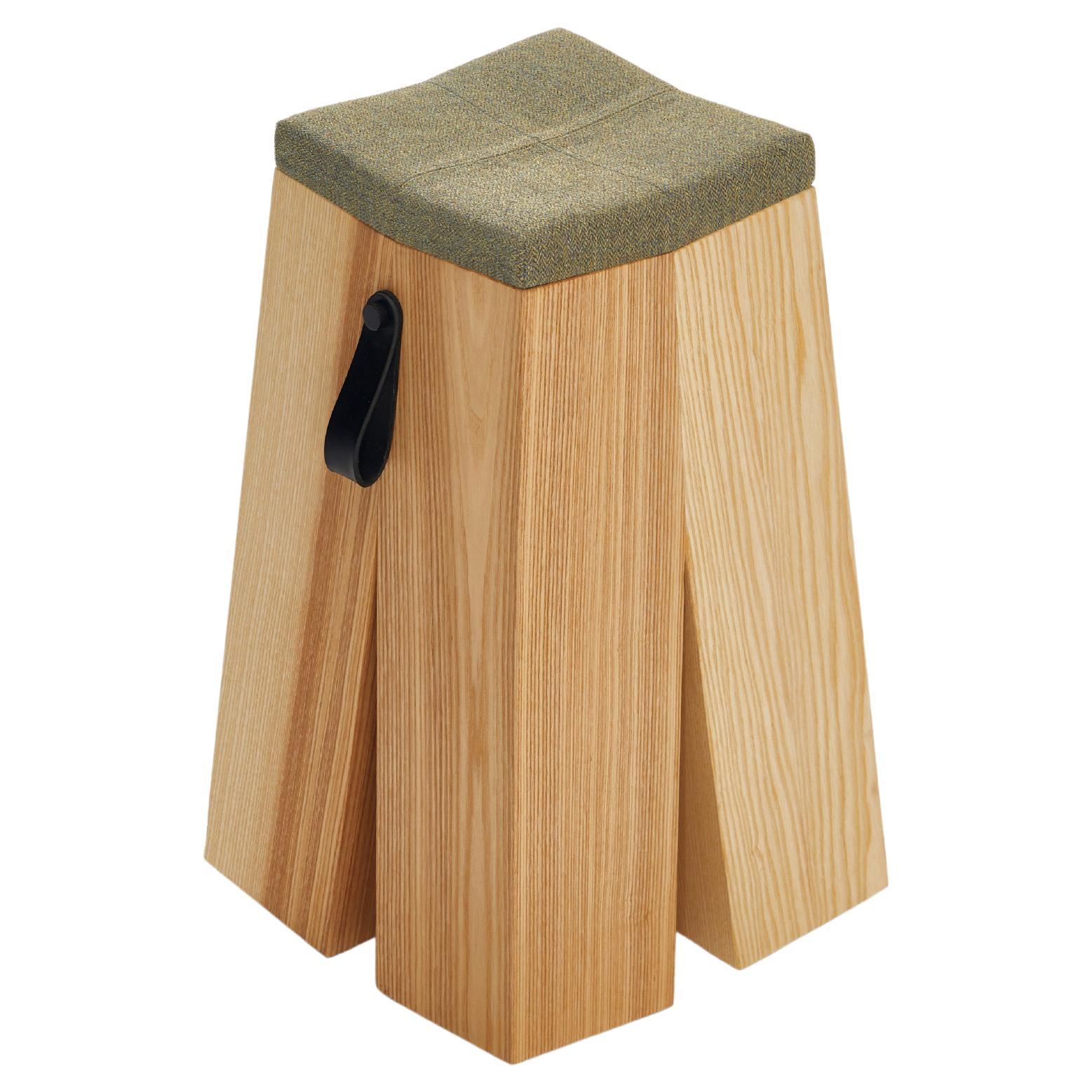 Happens Stool in Ash Wood And Green Melange Wool Fabric by Heilig Objects