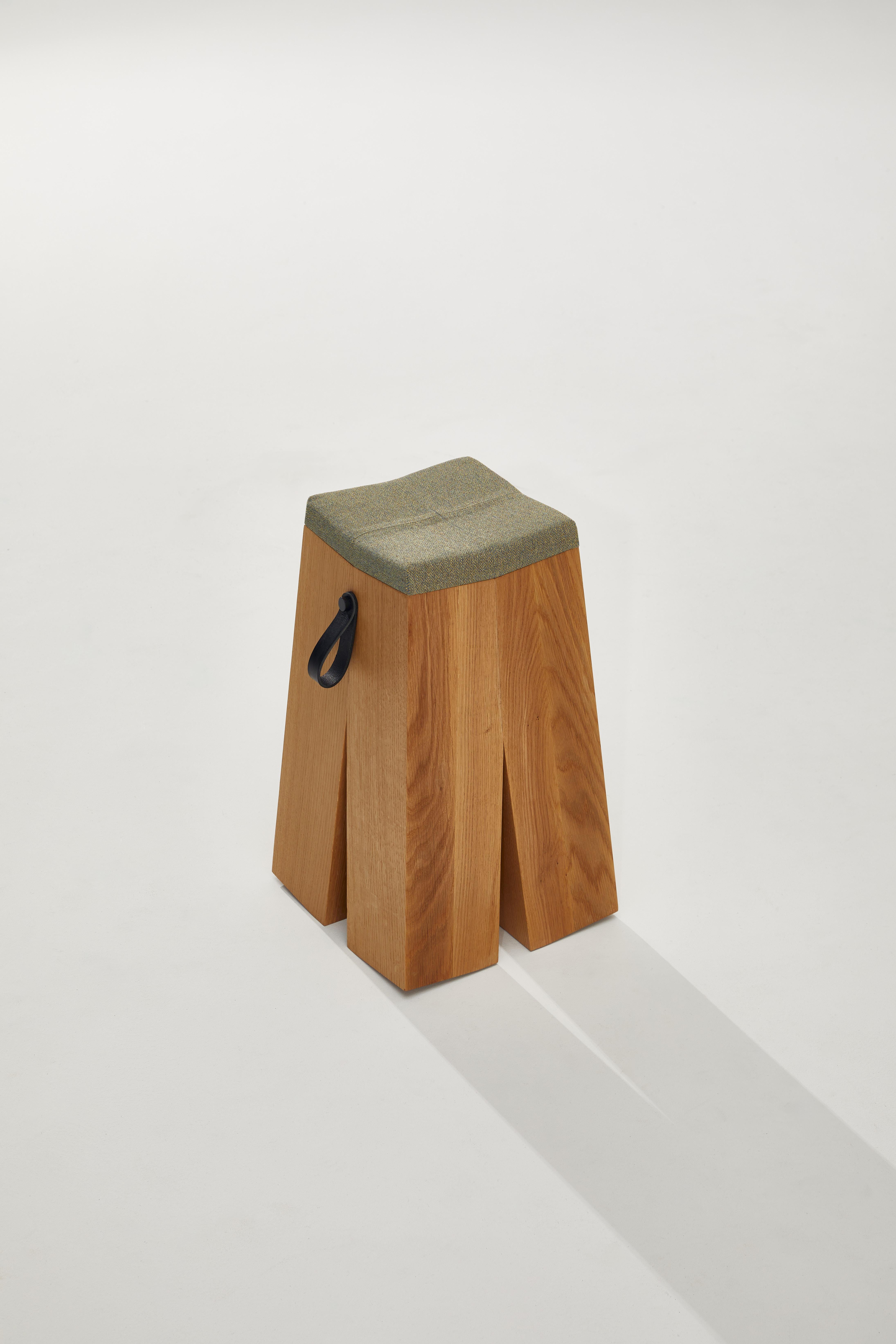 German Happens Stool in Ash Wood And Green Melange Wool Fabric by Heilig Objects For Sale