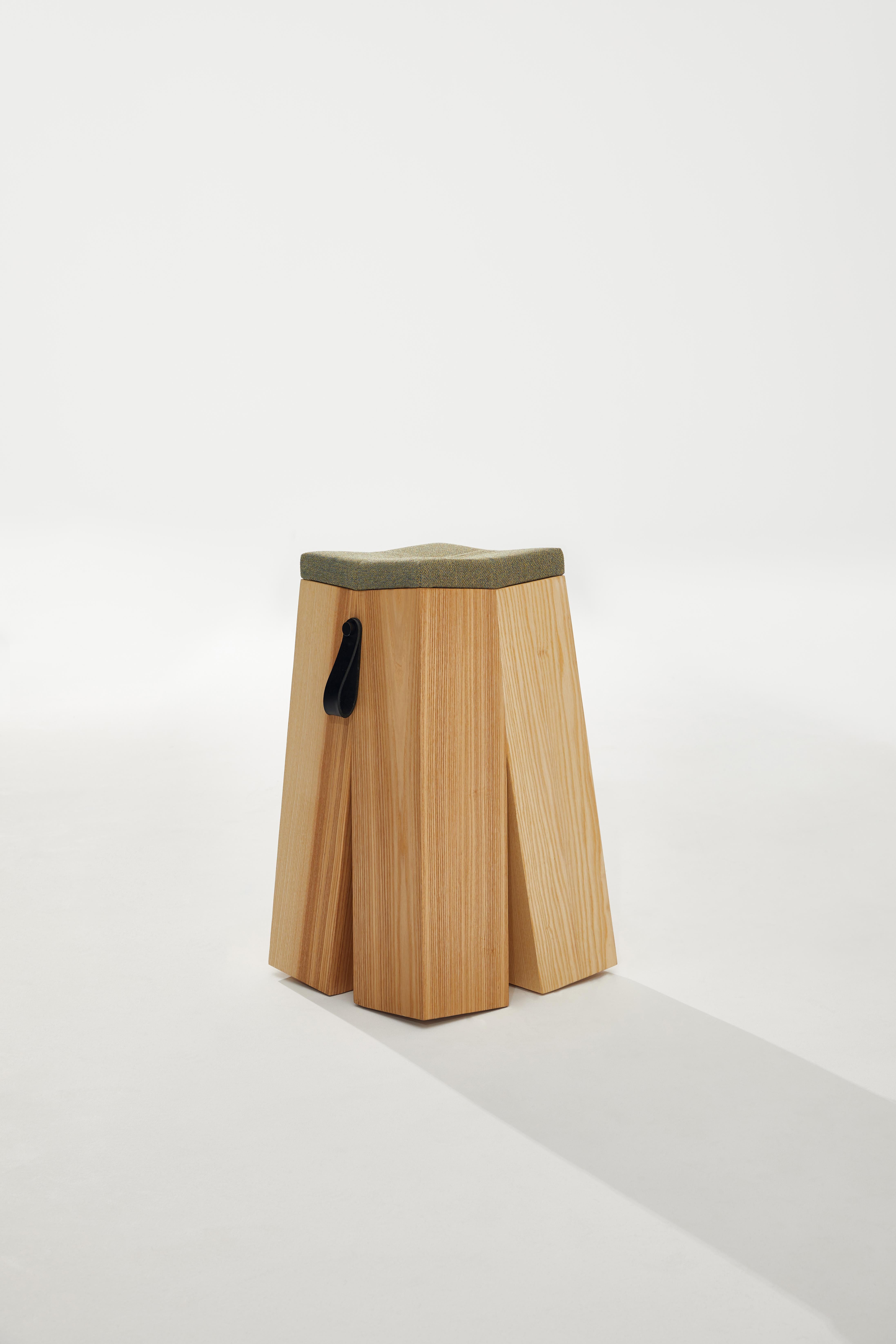 Post-Modern Happens Stool in Ash Wood And Green Melange Wool Fabric by Heilig Objects For Sale