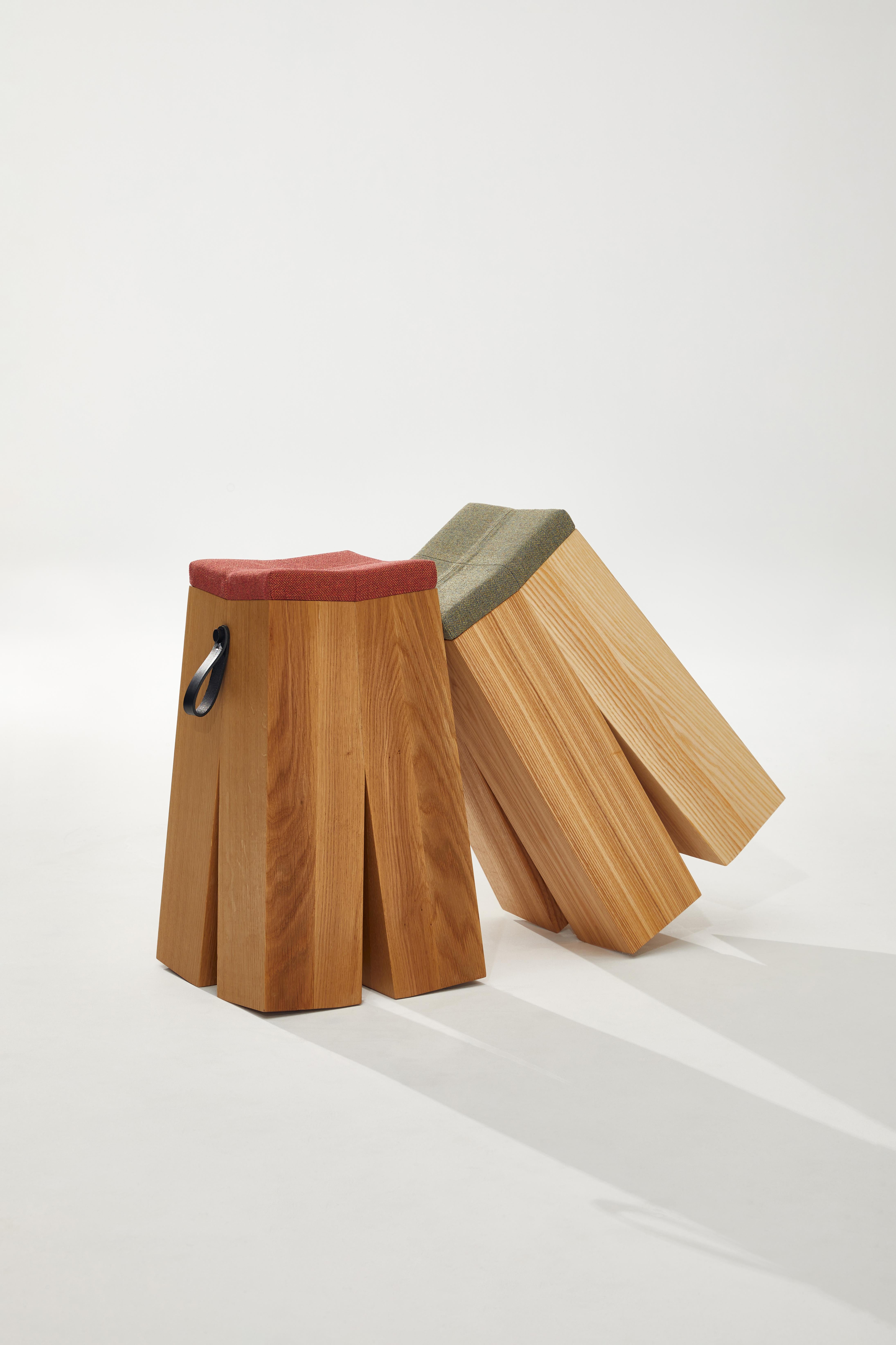 Contemporary Happens Stool in Ash Wood And Green Melange Wool Fabric by Heilig Objects For Sale