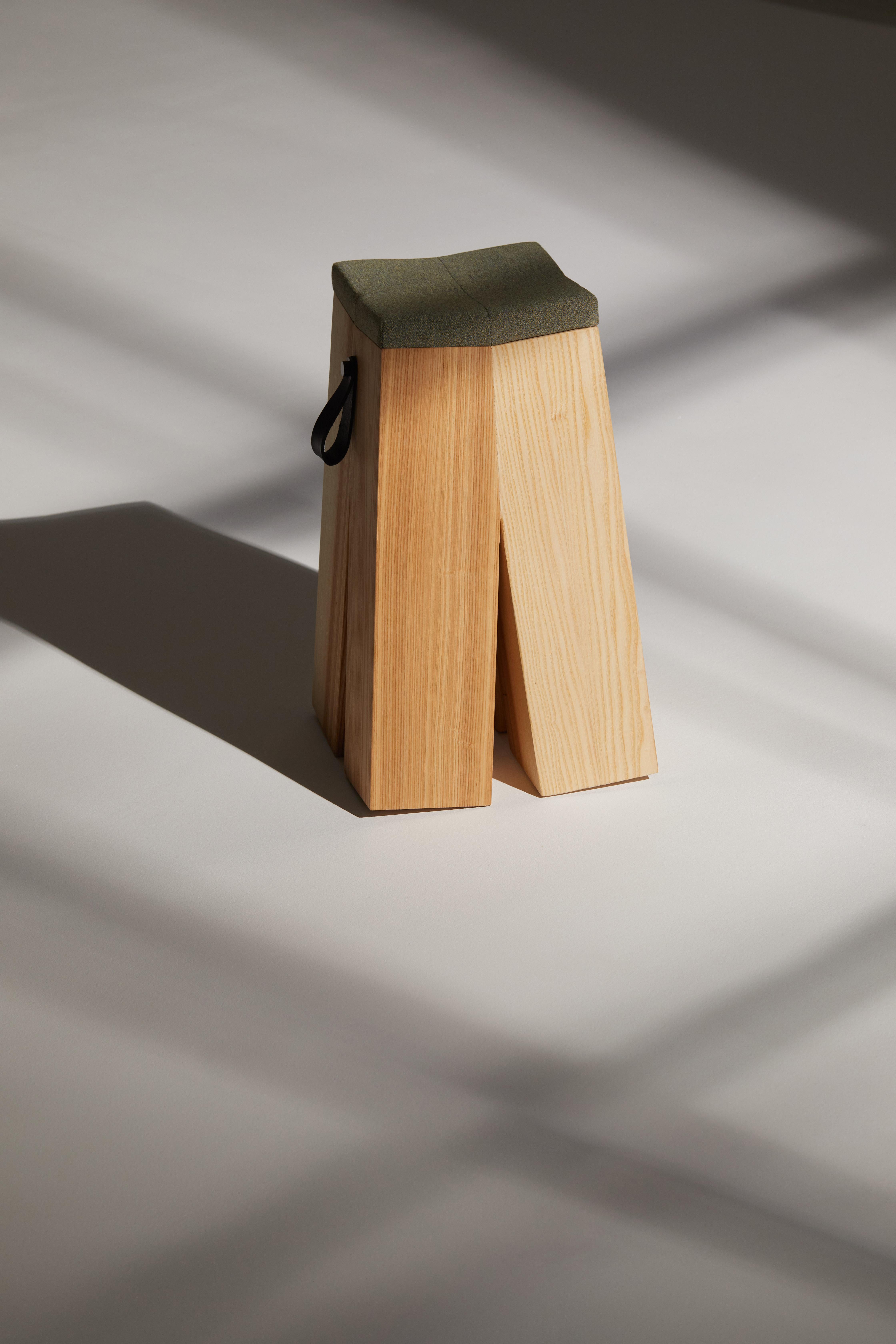 Happens Stool in Ash Wood And Green Melange Wool Fabric by Heilig Objects For Sale 3