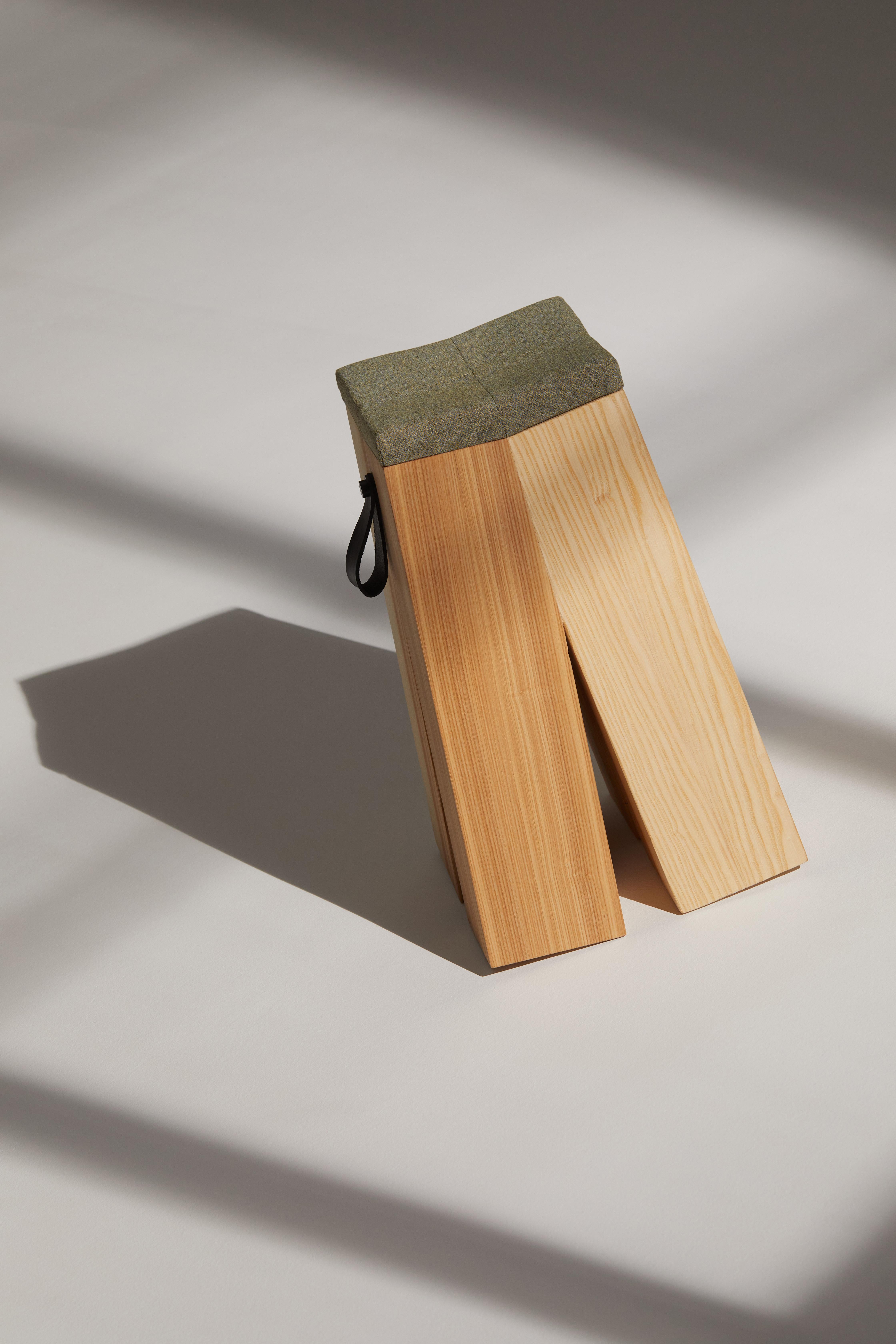 Happens Stool in Ash Wood And Green Melange Wool Fabric by Heilig Objects For Sale 4