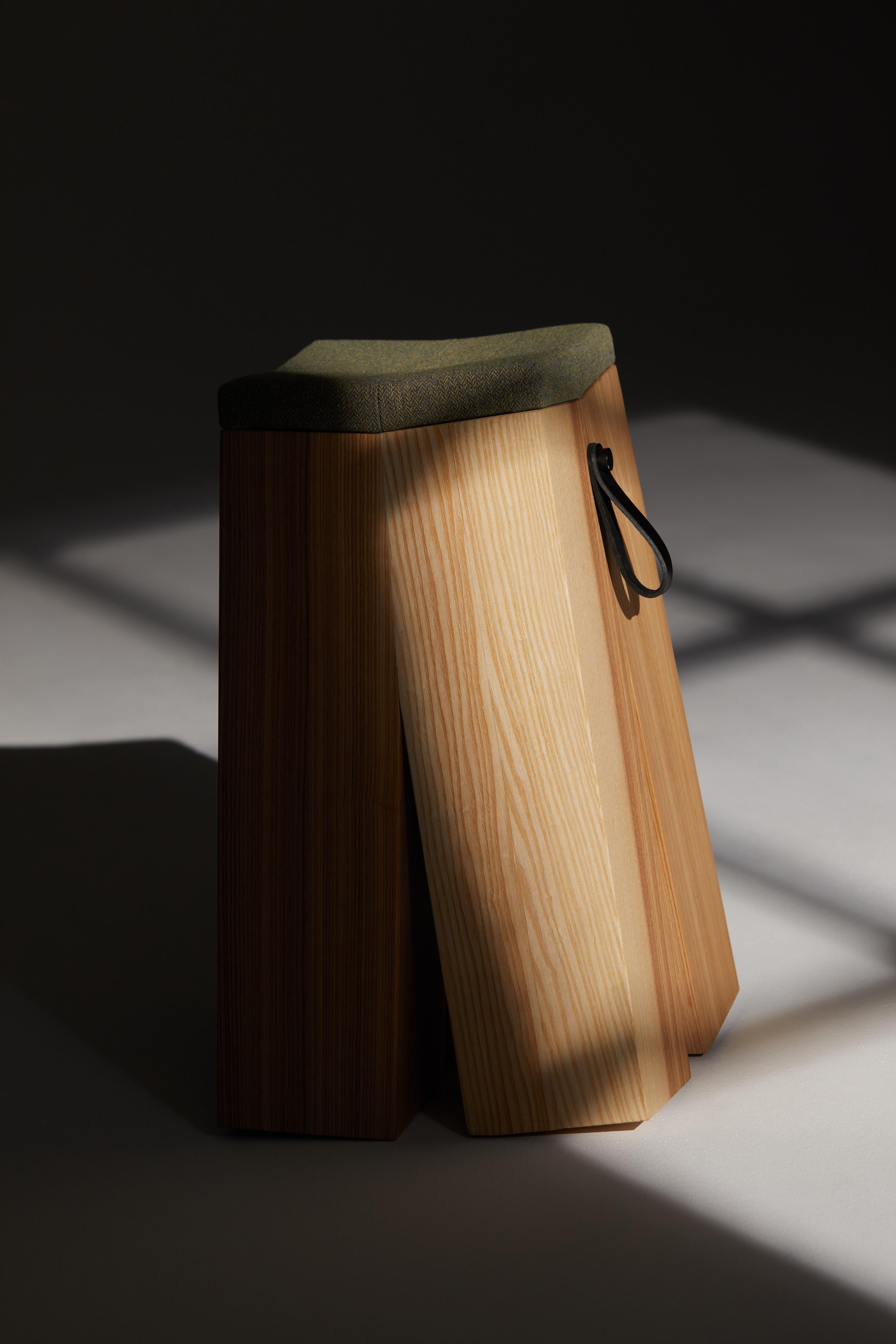Happens Stool in Ash Wood And Green Melange Wool Fabric by Heilig Objects For Sale 9