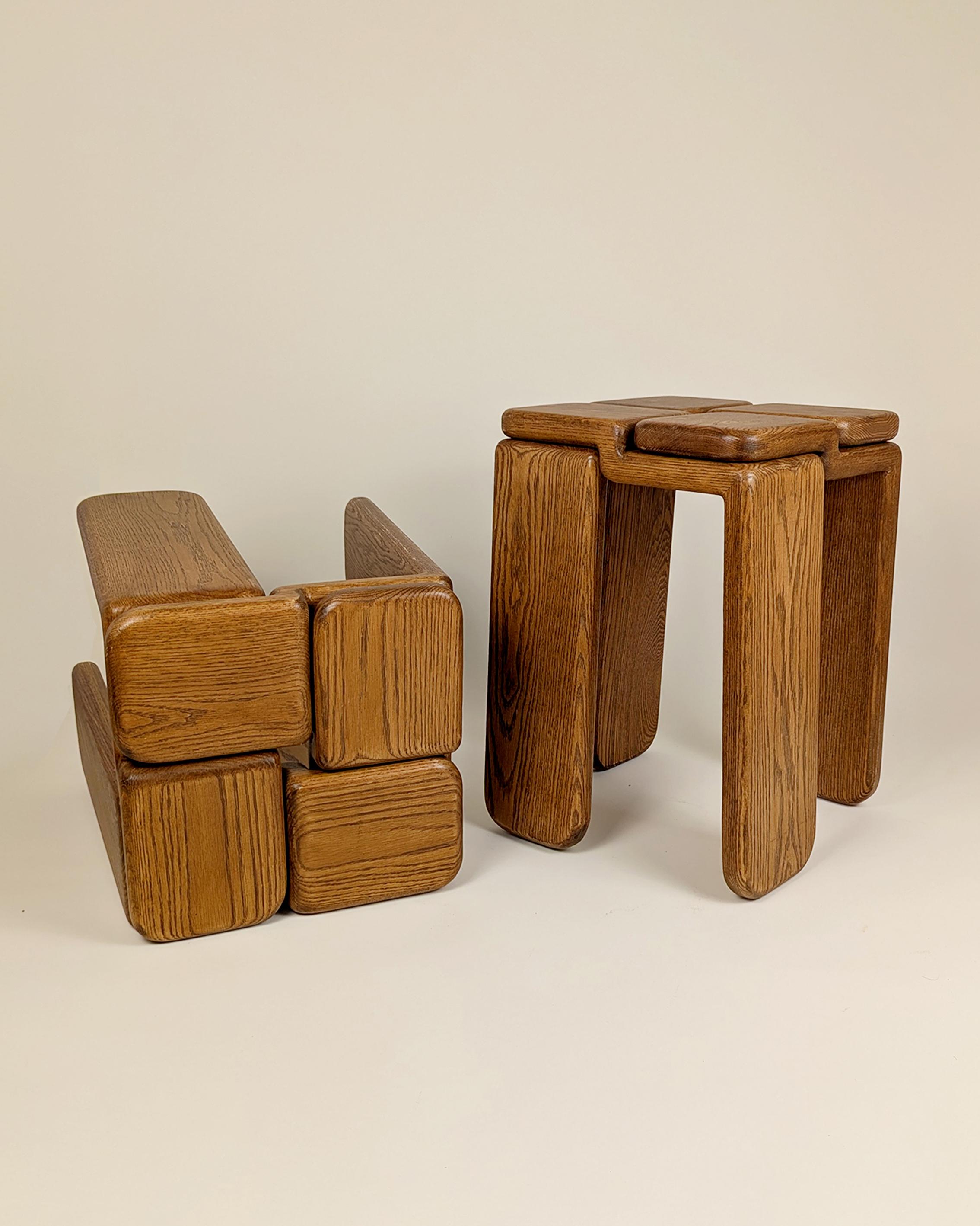 Contemporary Knot Solid Red Oak Stool by Luis Gimeno For Sale