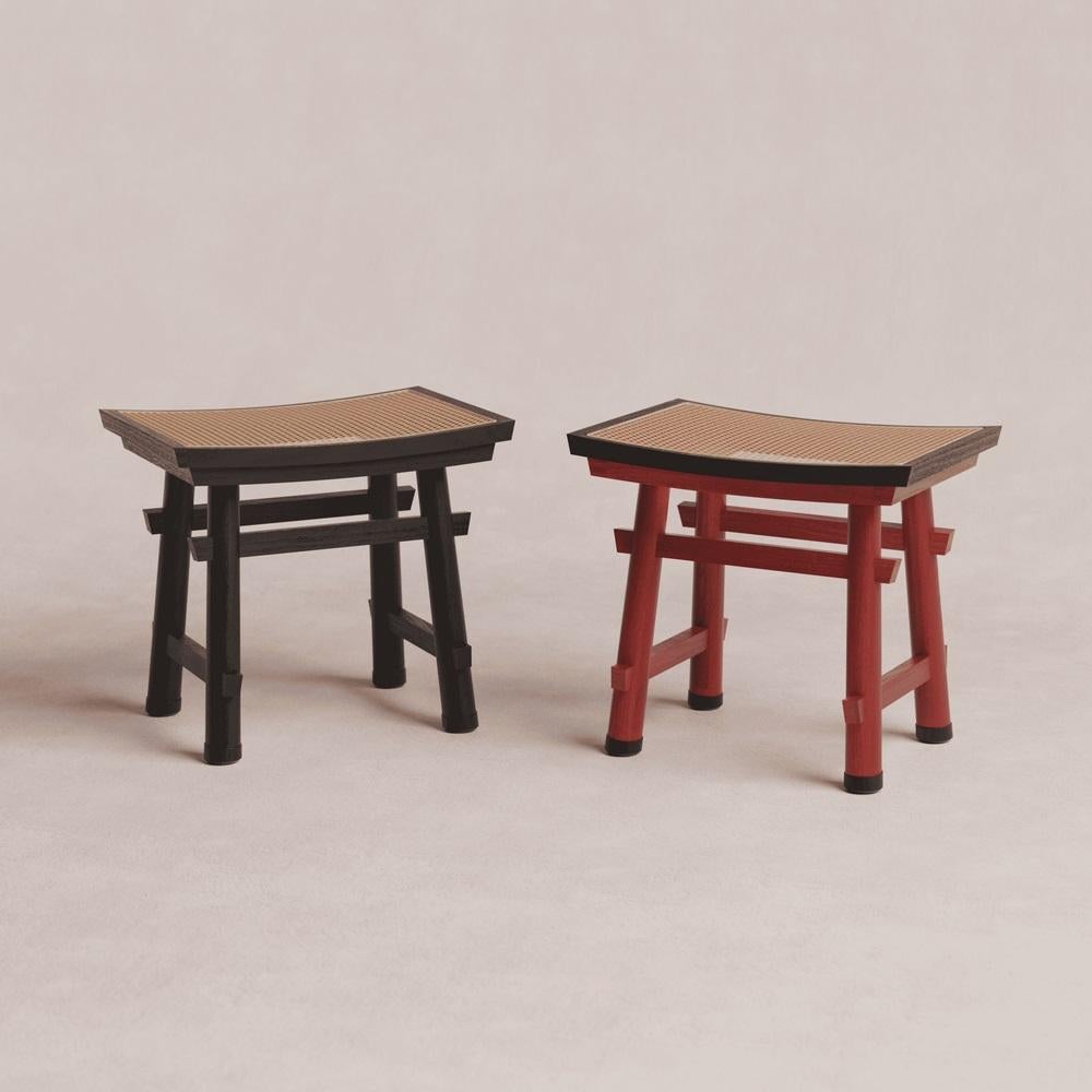 Spanish Torii Oak and Rattan Stool by Luis Gimeno For Sale