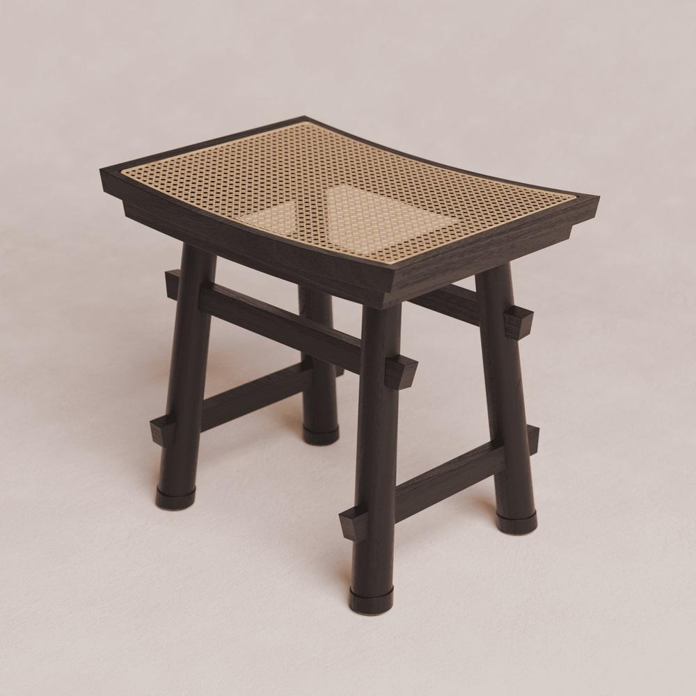 Post-Modern Torii Oak and Rattan Stool by Luis Gimeno For Sale
