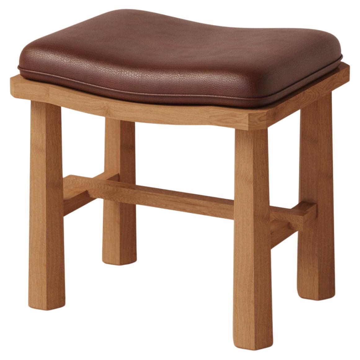 Temple Oak and Leather Stool by Luis Gimeno
