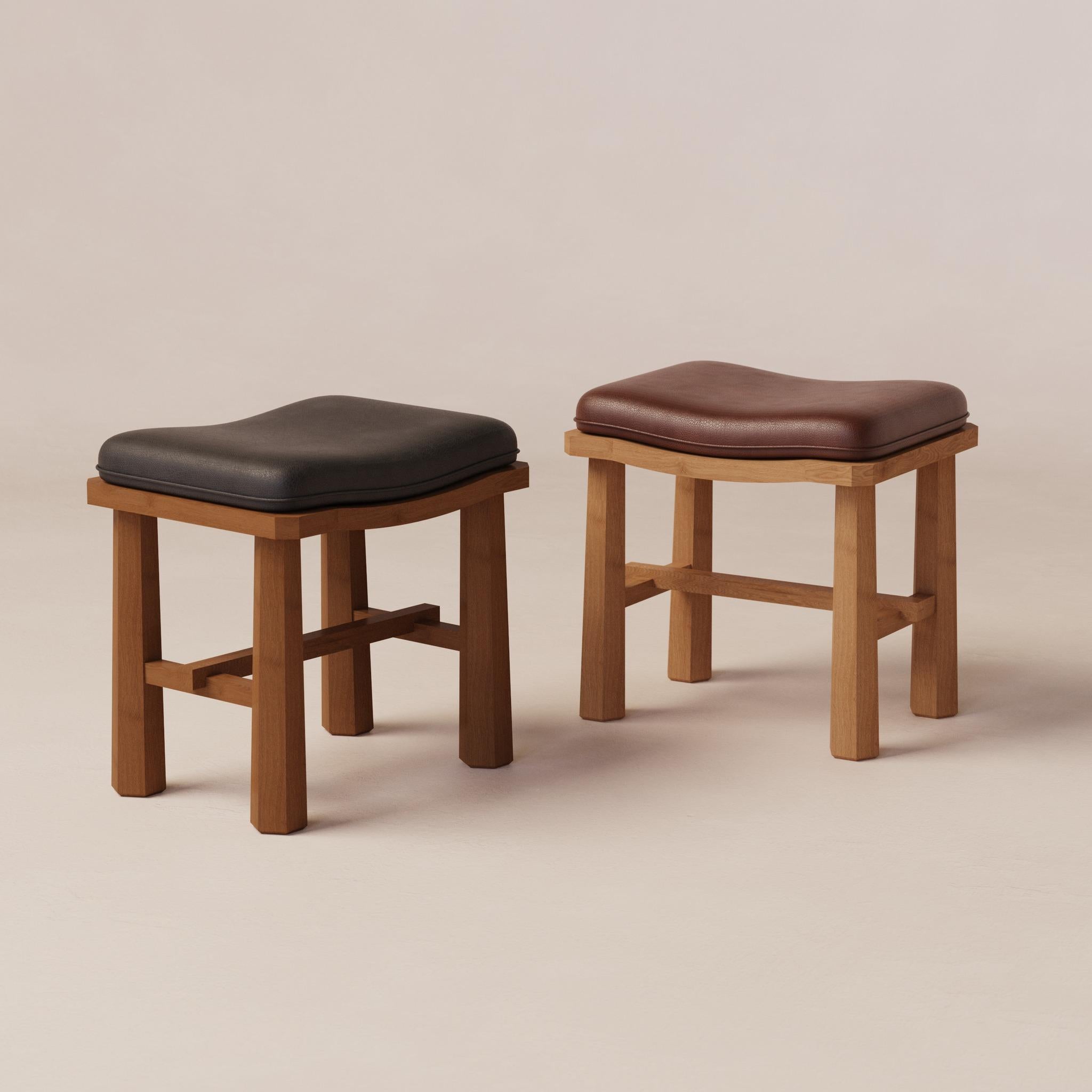 Spanish Temple Oak and Leather Stool by Luis Gimeno For Sale