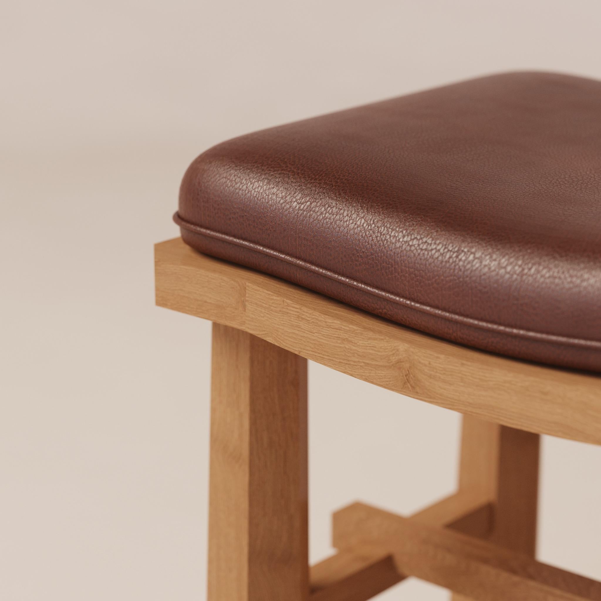Post-Modern Temple Oak and Leather Stool by Luis Gimeno For Sale