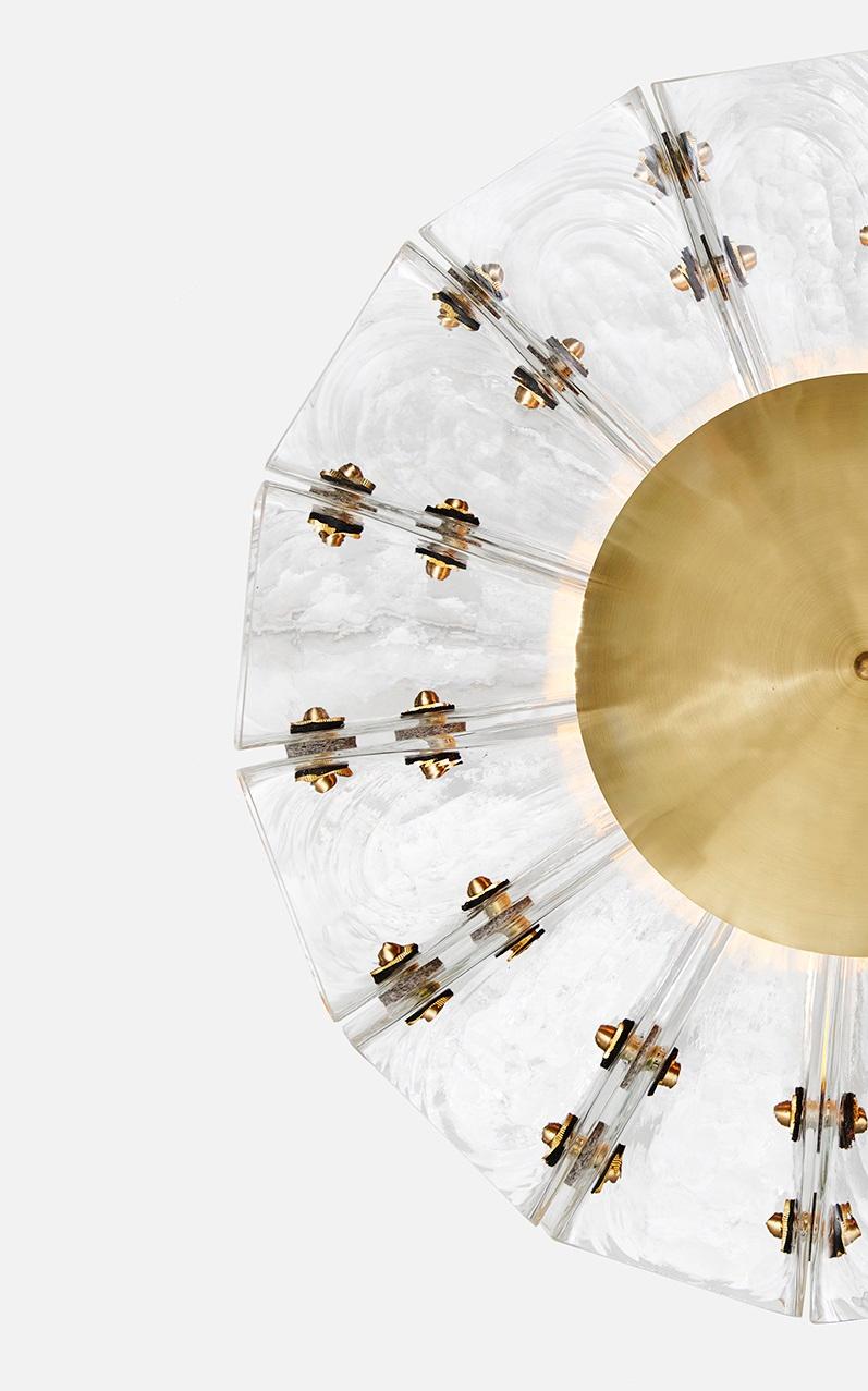 American Polaris Flush Mount in Brass, Leather & Selenite Glass by Bianco Light + Space For Sale