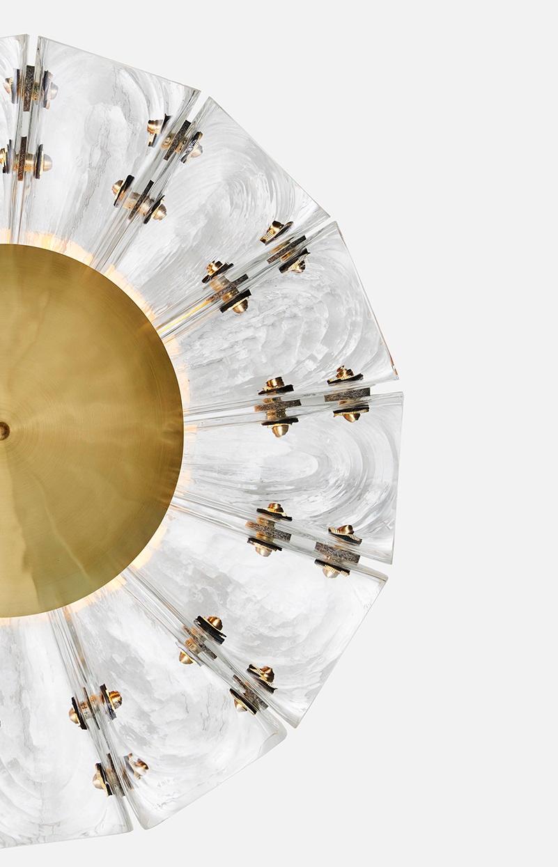 Post-Modern Polaris Flush Mount in Brass, Leather & Selenite Glass by Bianco Light + Space For Sale
