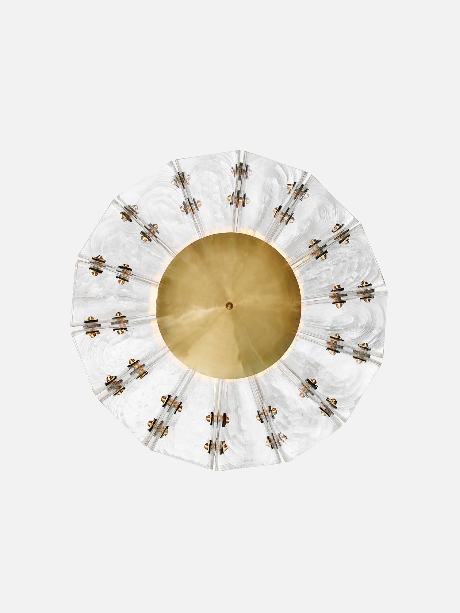 Contemporary Polaris Flush Mount in Brass, Leather & Selenite Glass by Bianco Light + Space For Sale