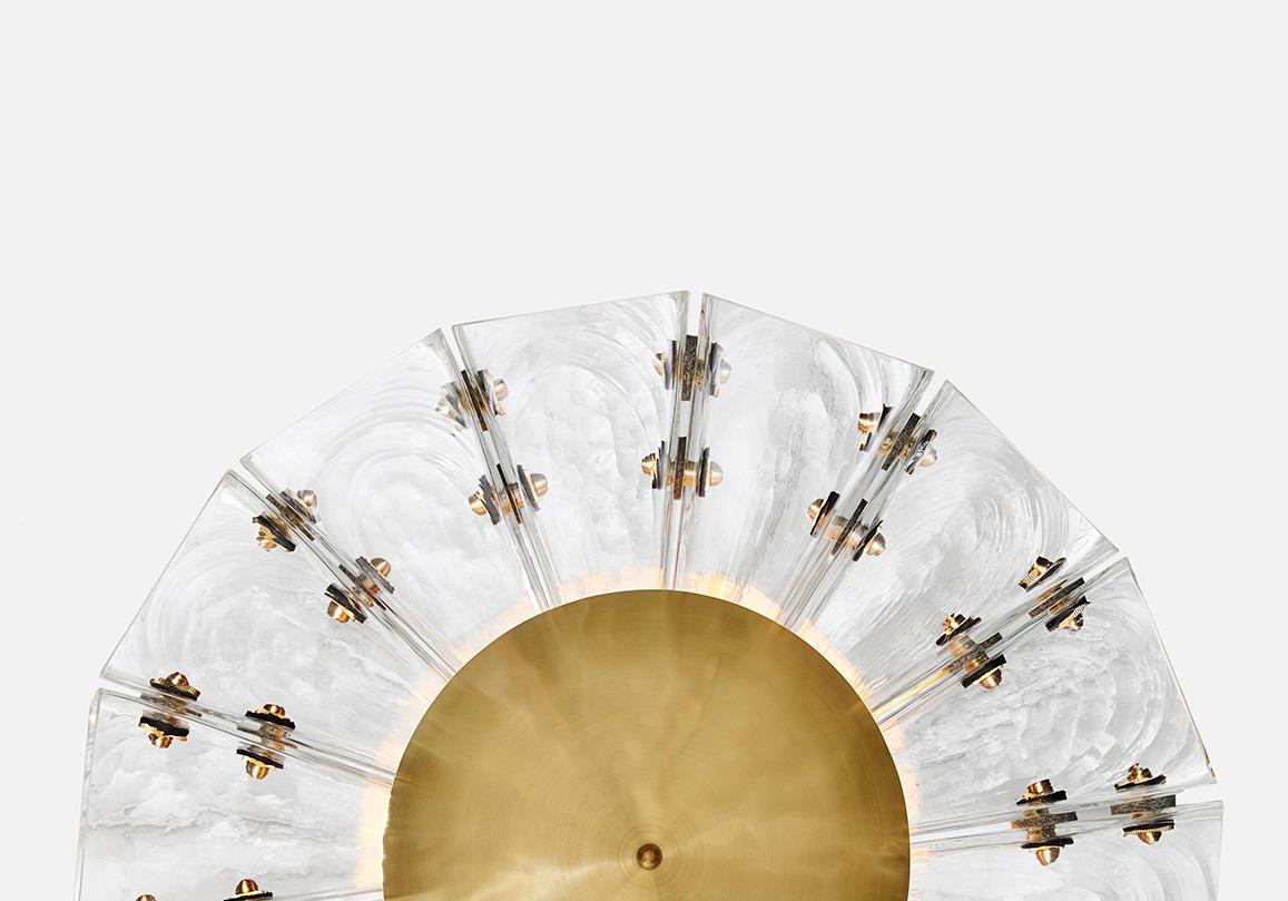 Other Polaris Flush Mount in Brass, Leather & Selenite Glass by Bianco Light + Space For Sale