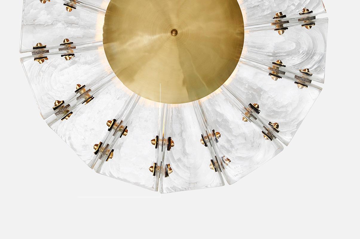Polaris Flush Mount in Brass, Leather & Selenite Glass by Bianco Light + Space In New Condition For Sale In Geneve, CH