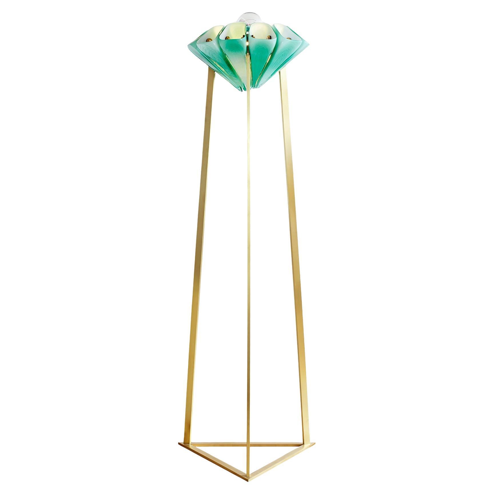 Yassin Floor Lamp in Emerald Glossy Glass & Brass by Bianco Light + Space For Sale