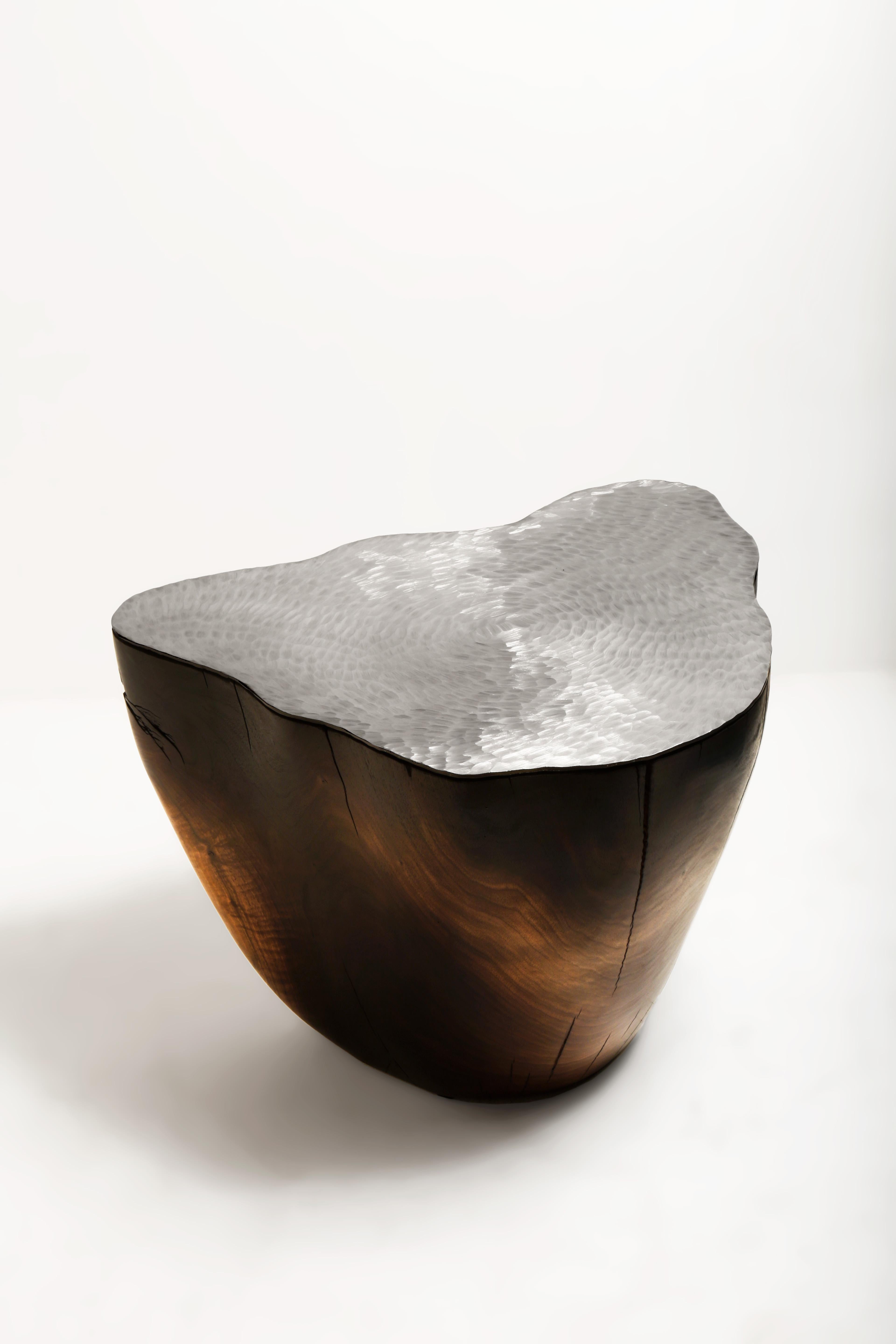 French Duramen Stainless Steel Top and Solid Walnut Sculptural Object by Jules Lobgeois For Sale
