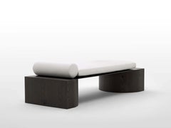 Athena Daybed in Mid Brown Stained Oak, Raw Iron & Linen Fabric by OZA Design