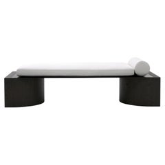 Athena Daybed in Mid Brown Stained Oak, Raw Iron & Linen Fabric by OZA Design