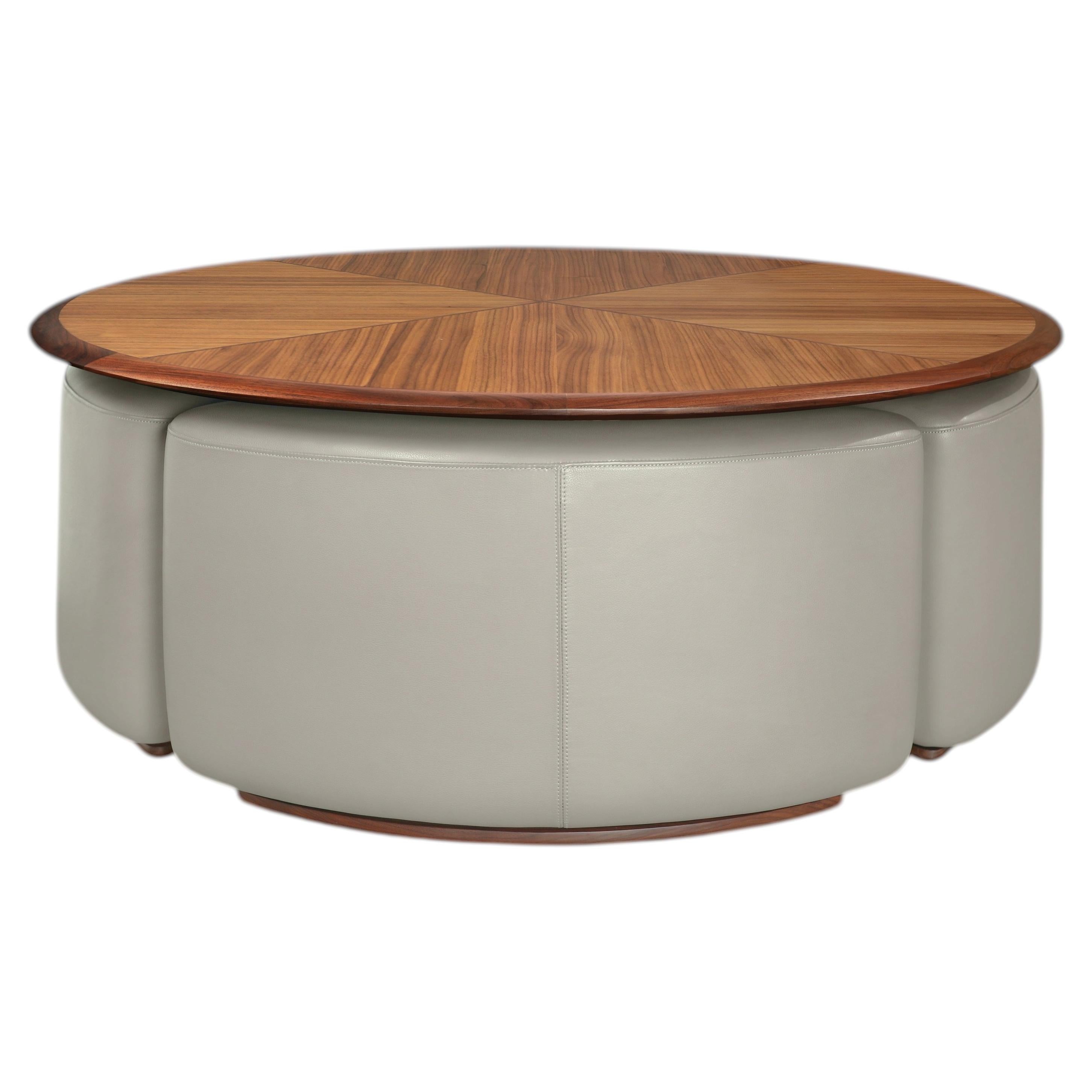 Drummond Center Table with 4 Concealed Leather Ottomans by Madheke For Sale
