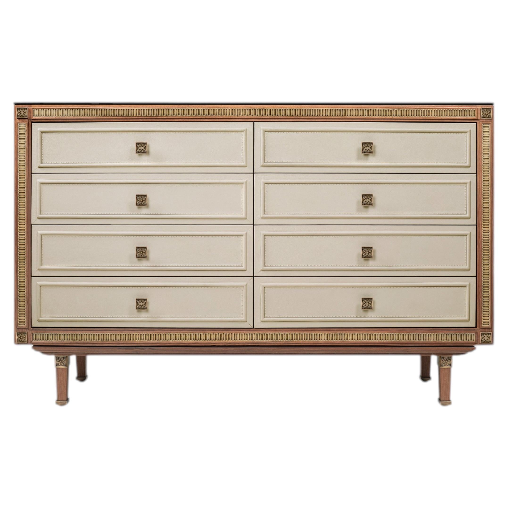 Astrelli Console Cabinet in Natural Walnut, Leather and Brushed Brass by Madheke For Sale