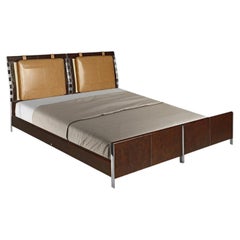 Modern Vintage Bed in Leather, Stainless Steel and Raffia by Madheke