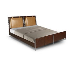 Modern Vintage Bed in Leather, Stainless Steel and Raffia by Madheke