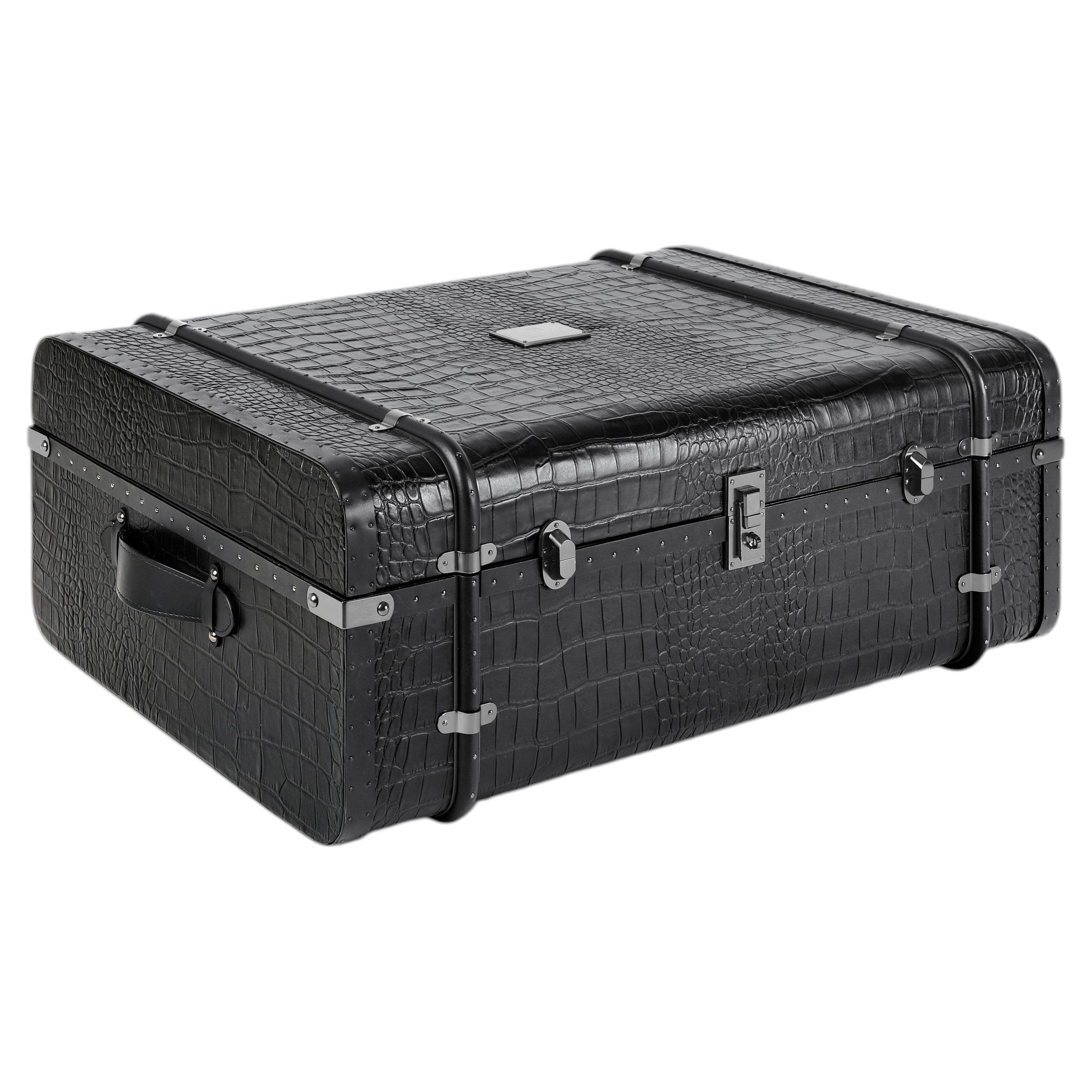 Coco Accent Trunk Large in Black Leather and Brushed Metal by Madheke For Sale