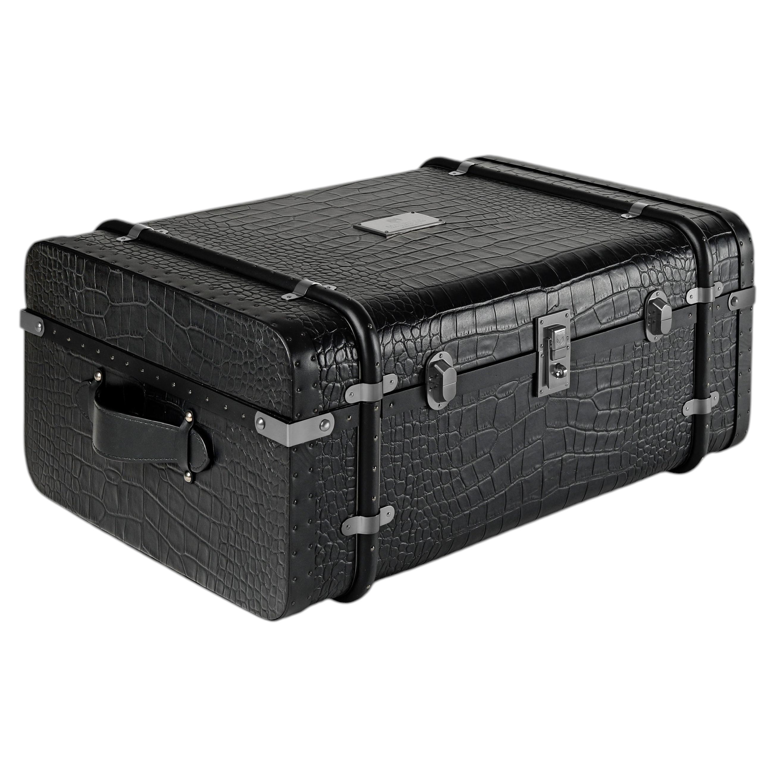 Coco Accent Trunk Small in Black Leather and Brushed Metal by Madheke For Sale