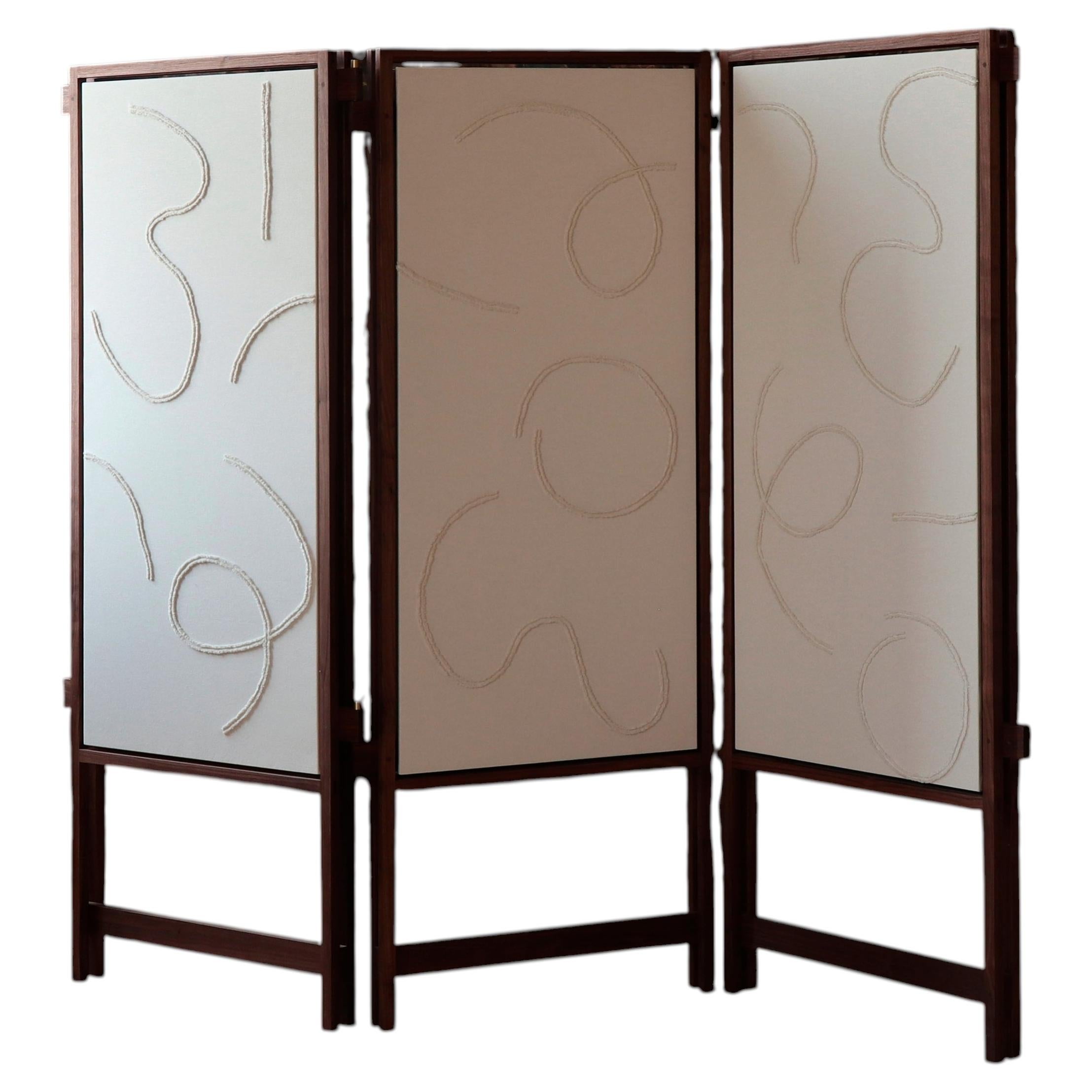 Soft Futurism Cavalletto Room Divider in Walnut and Linen by Filippo Andrighetto