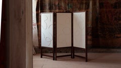 Soft Futurism Cavalletto Room Divider in Walnut and Linen by Filippo Andrighetto