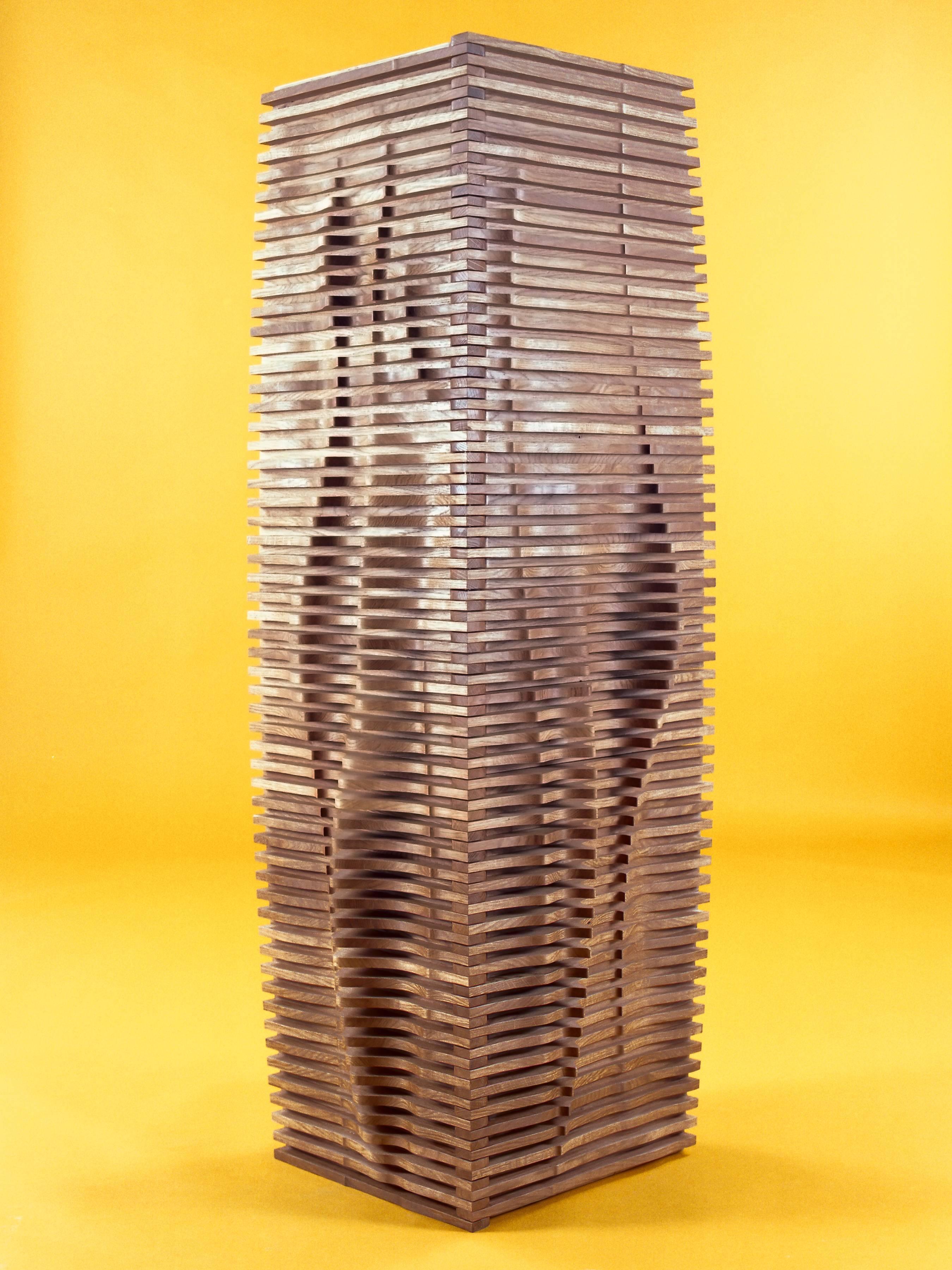 Jan Waterson. 
Title: Kinetic Landscape.
Materials: European quartersawn oak, English ash, brass.
Dimensions: 137 x 45 x 42 cm.

The sculptural forms in this cabinet were realised through creating landscapes, slicing through them and reducing