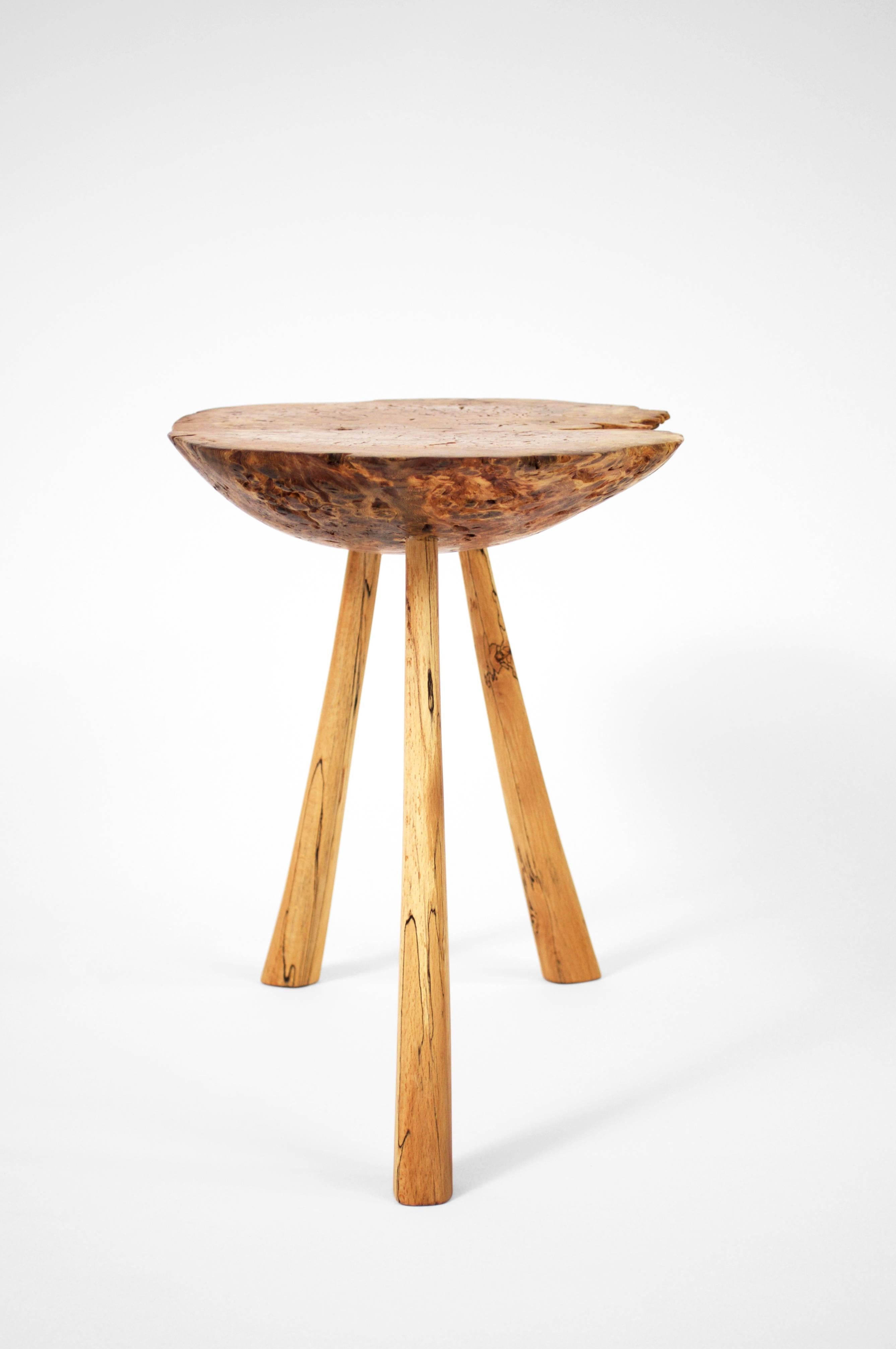 Unique signed table by Jörg Pietschmann
Table · Oak burl, beech
Measures: H 44 x W 75 x D 34 cm tabletop 9 cm
Side piece of an old oak with exceptional burl on colorful legs. Polished oil finish.


In Pietschmann’s sculptures, trees that for