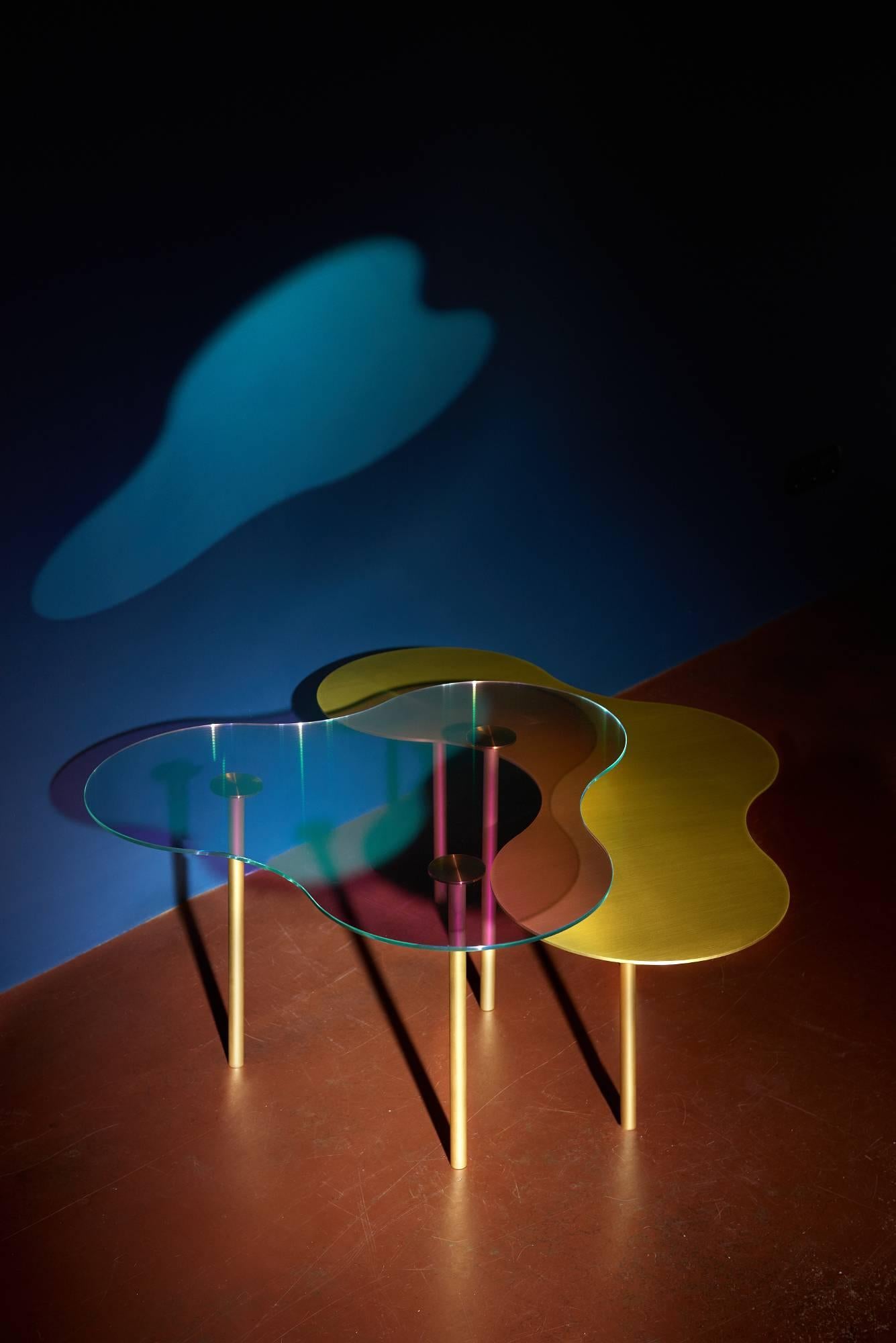 Glass/brass/marble coffee table Ensemble of 2 by Sebastian Scherer
Tables can be chosen among those dimensions:
CAMO 1 : 25 x 65 x 70 cm
CAMO 2: 35 x 53 x 96 cm
CAMO 3: 45 x 70 x 96 cm
The Camo tables are inspired by the camou?age pattern, which is