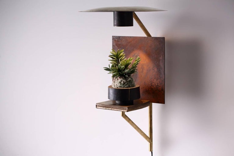 The Mantis - brass LED light plant grower - Luvere Studio
Materials: Brass, LED Lighting. Interchangeable backplate and base plate
Dimensions: 29” ? ?x ? ?16” ? ?x ? ?16”

The Mantis is a wall-mounted, full-spectrum LED light fixture designed to