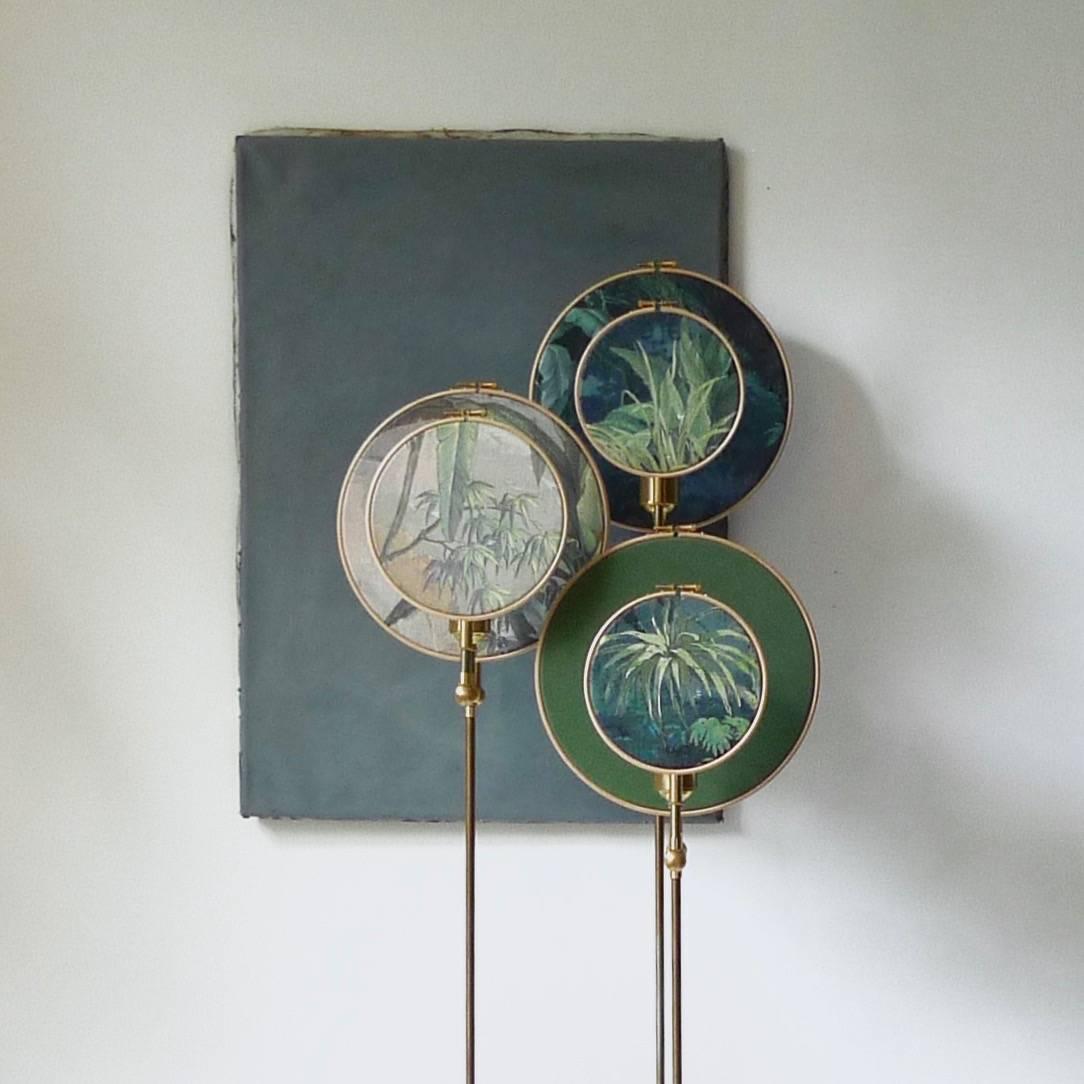 Ensemble of three floor lamps - Sander Bottinga
Light object - floor lamp - circle blue grey
Handmade in brass, leather, wood and hand printed and painted linen.
A dimmer is inlaid with leather
Dimensions:
H 160 x W 27 x D 16 cm
H 146 x W 27 x D 16