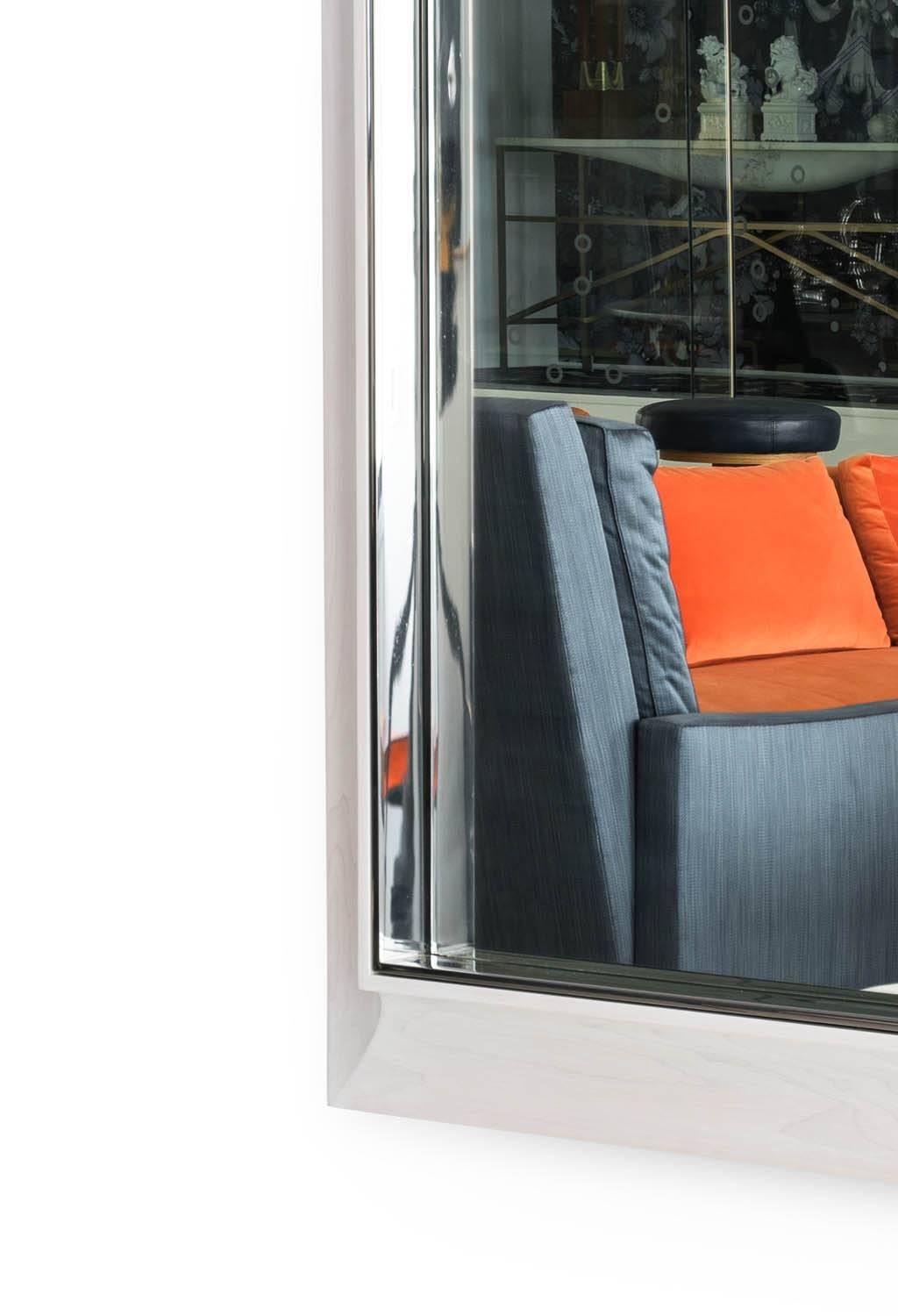 Contemporary Zamora Mirror with Mirror-Polished Stainless Steel and White Stained Maple Frame For Sale