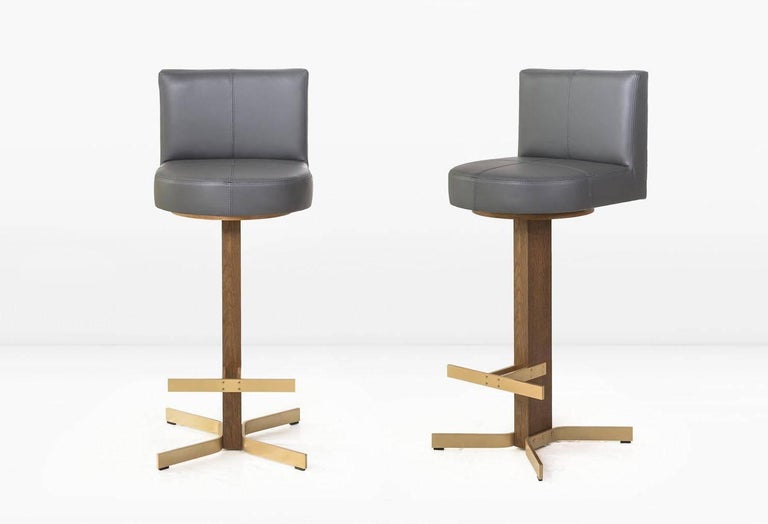 Walcott Barstool with Back, Oak and Brass Base with Grey Leather Seat