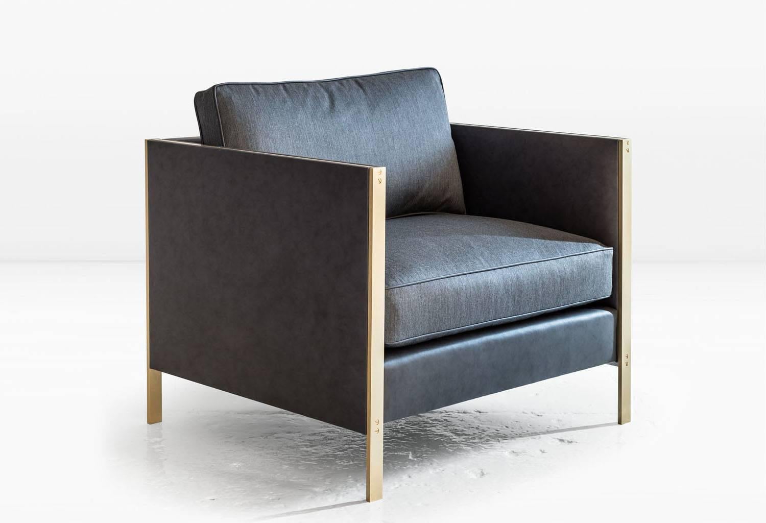 The architectural rigor of the Armstrong's mechanically fastened, metal frame forms a striking juxtaposition to the generously proportioned, down-filled seat and back cushions. Shown in leather and silk cotton with a brass frame. 
COM or COL