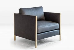 Armstrong Armchair or Club Chair in Leather & Silk Cotton on Brass Base COM/COL