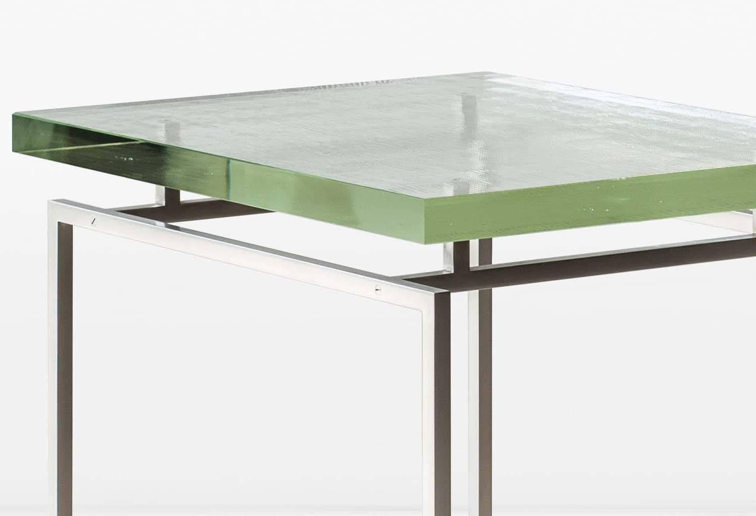 Modern Frazier Side Table with Thick Borosilicate Glass Top and Nickel Base For Sale