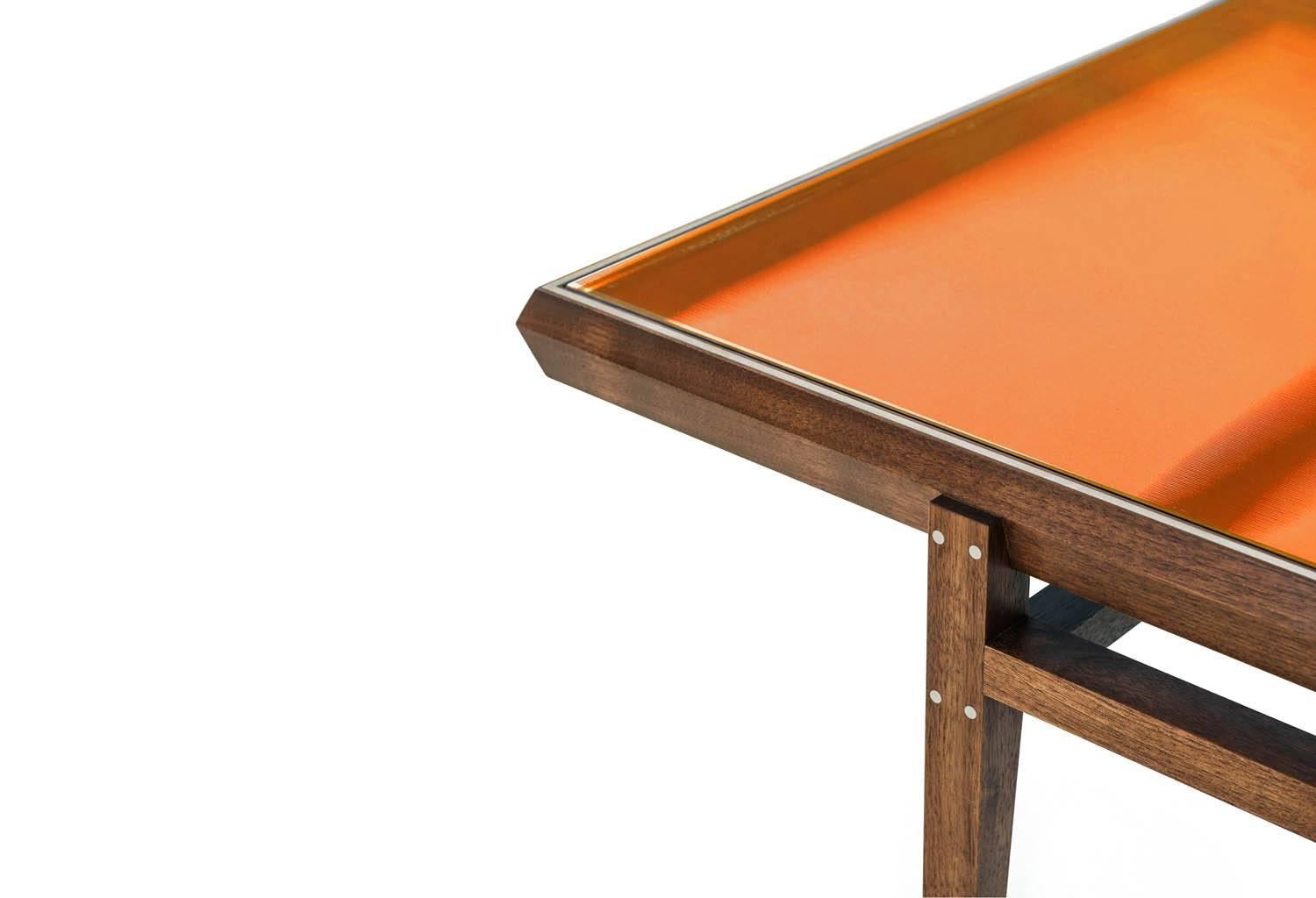 Modern Pintor Coffee Table, Walnut Frame with Stainless Steel Inlay, Orange Glass Top For Sale