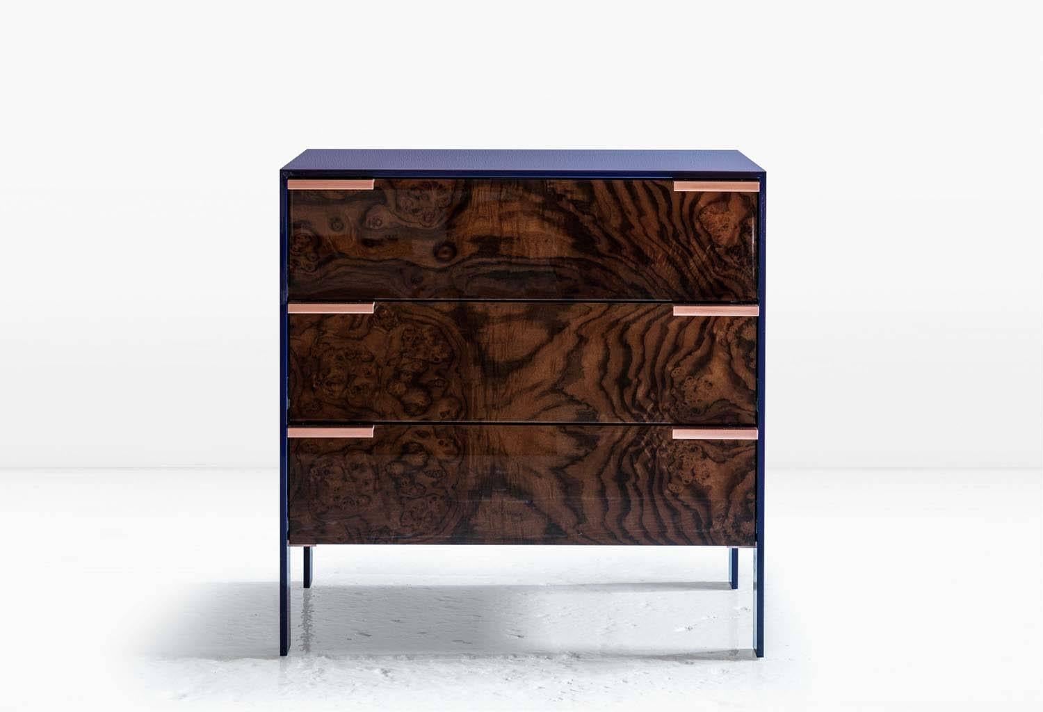 Modern Johansson Cabinet / End Table, Blue Lacquered Aluminum, Walnut Burl, Copper