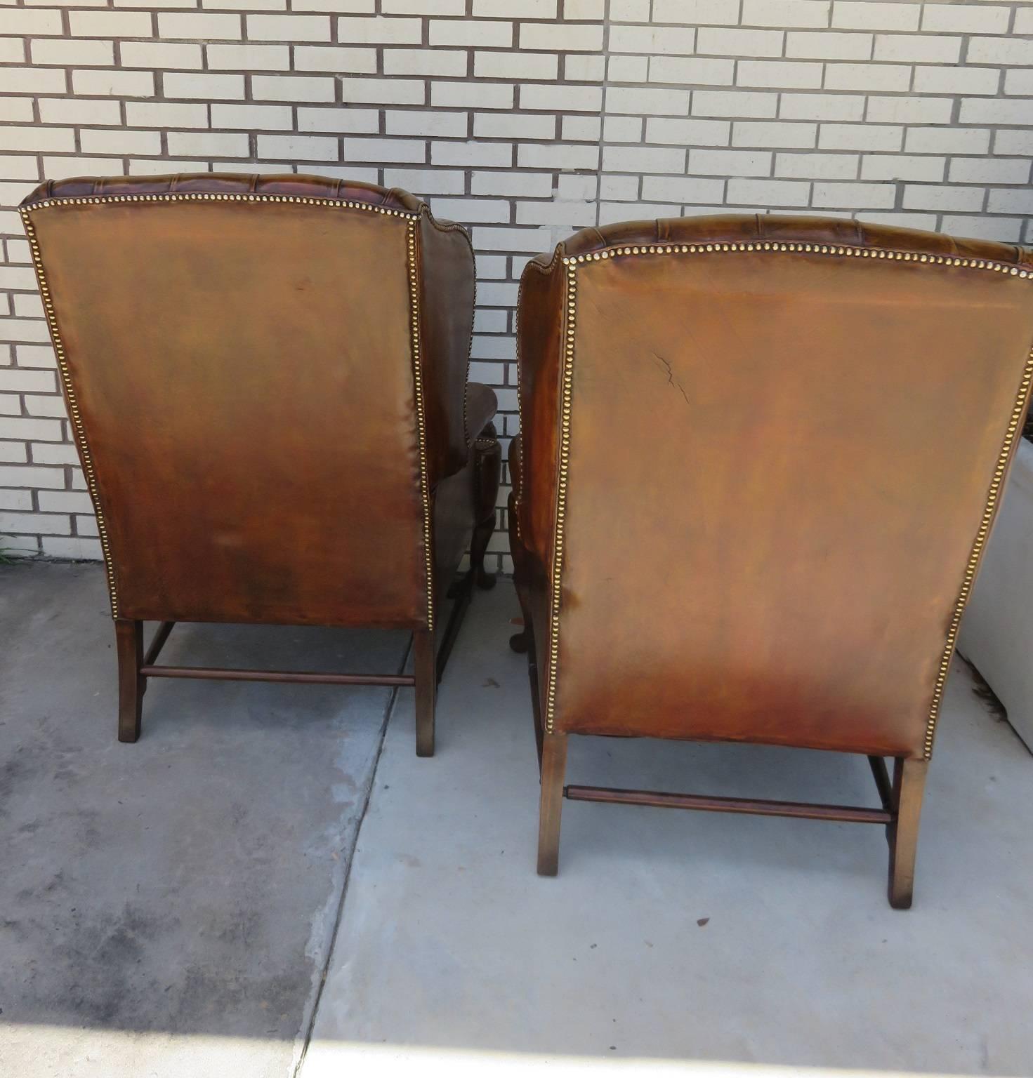 Mid-20th Century Pair of 1930s English Wing Chairs in Leather