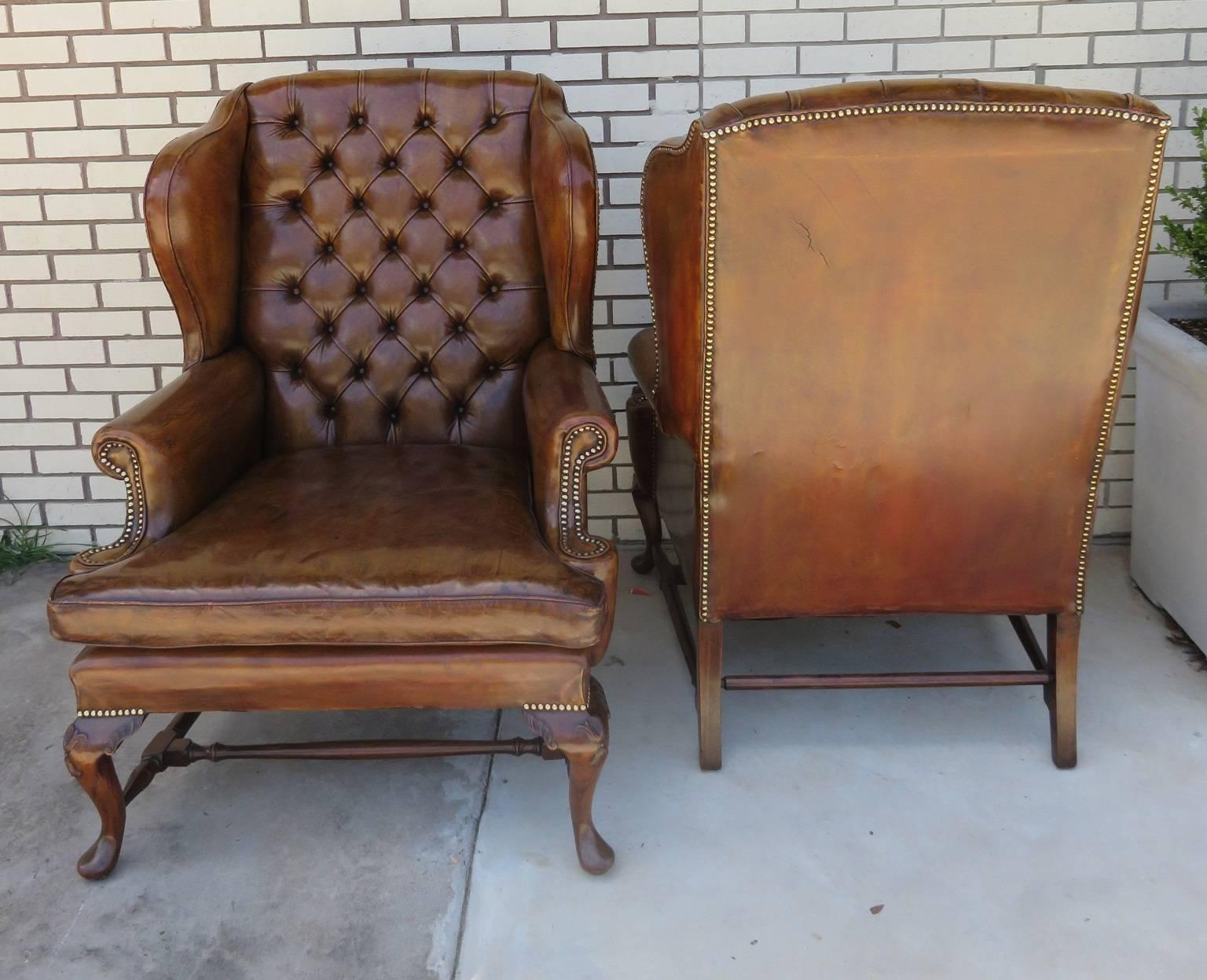 Pair of 1930s English Wing Chairs in Leather In Good Condition In Houston, TX