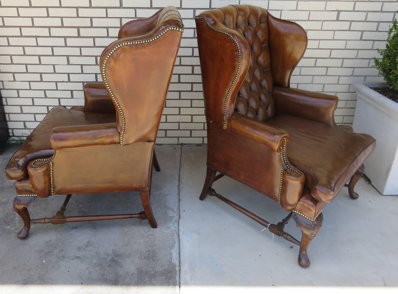 Pair of 1930s English Wing Chairs in Leather 1