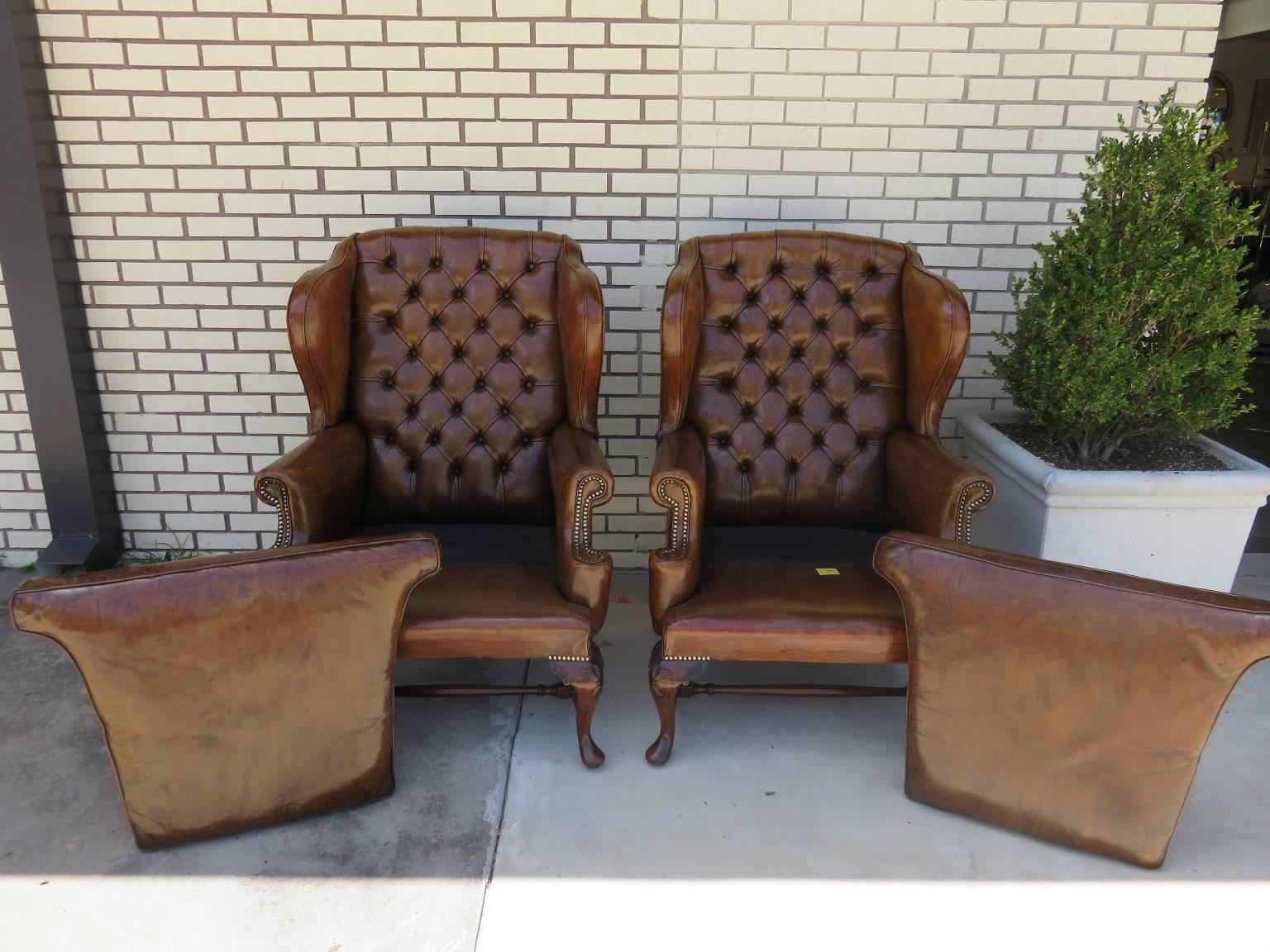 Pair of 1930s English Wing Chairs in Leather 2