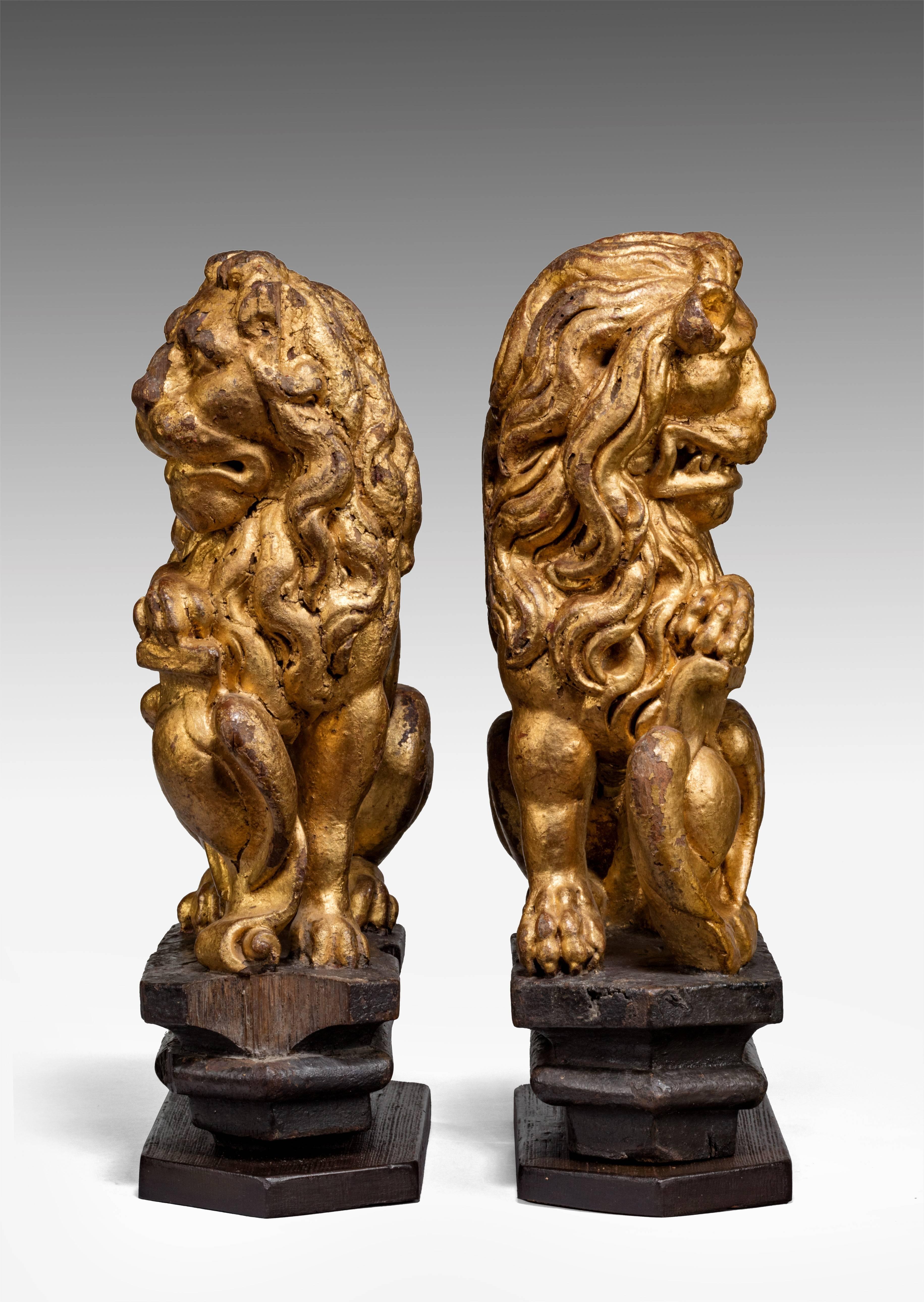 English Pair of Charles I Carved Oak and Oil Gilt Lions